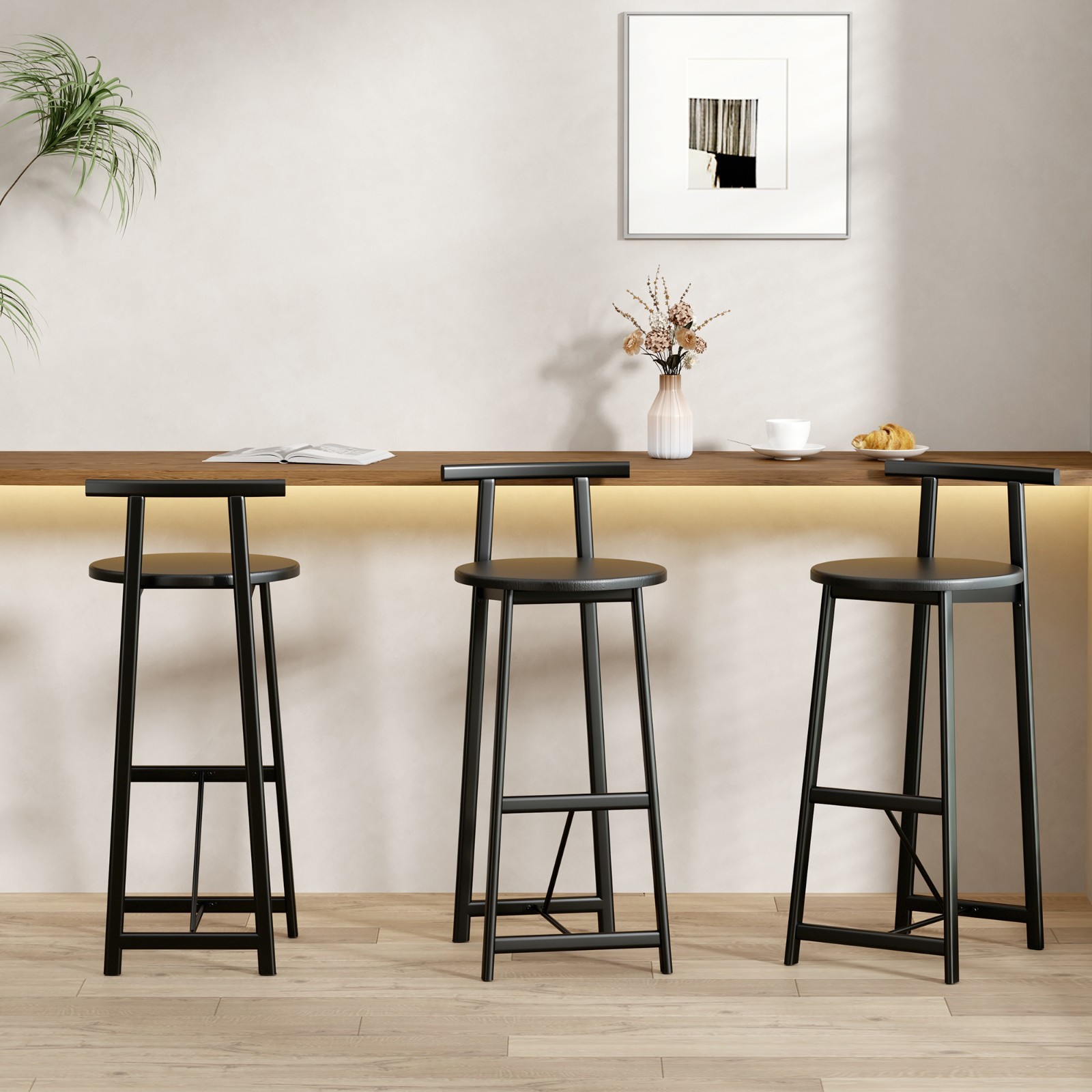 27″ 3-Piece Wood Bar Stool Set w/Footrest, Black Round Kitchen Counter Stools
