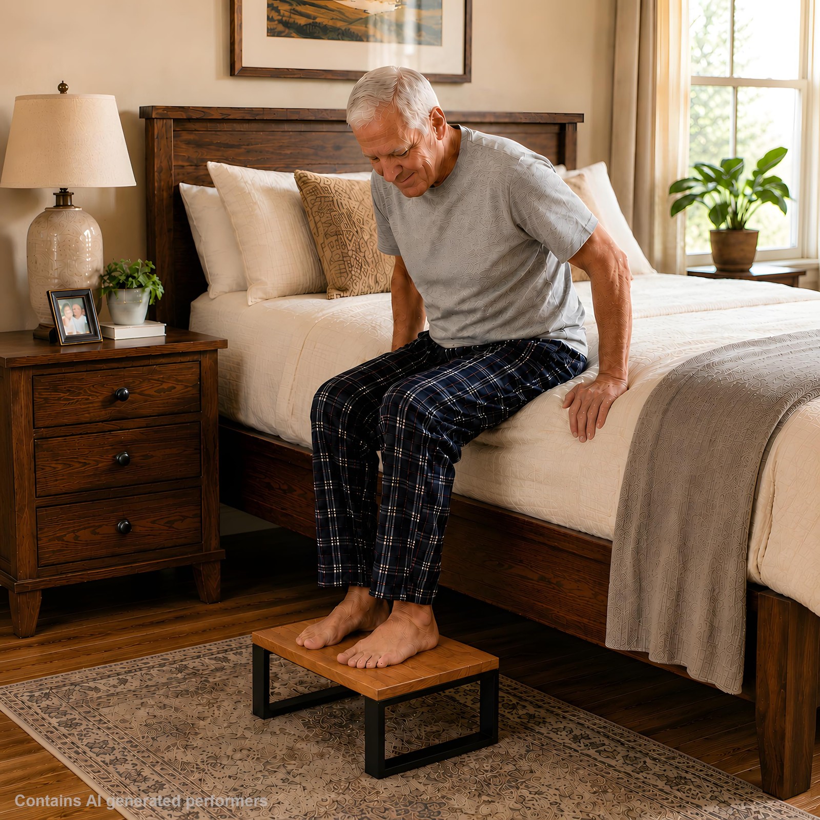 Solid Wood Step Stool for Adults Seniors Non Slip 500 LBS High Beds Light Walnut