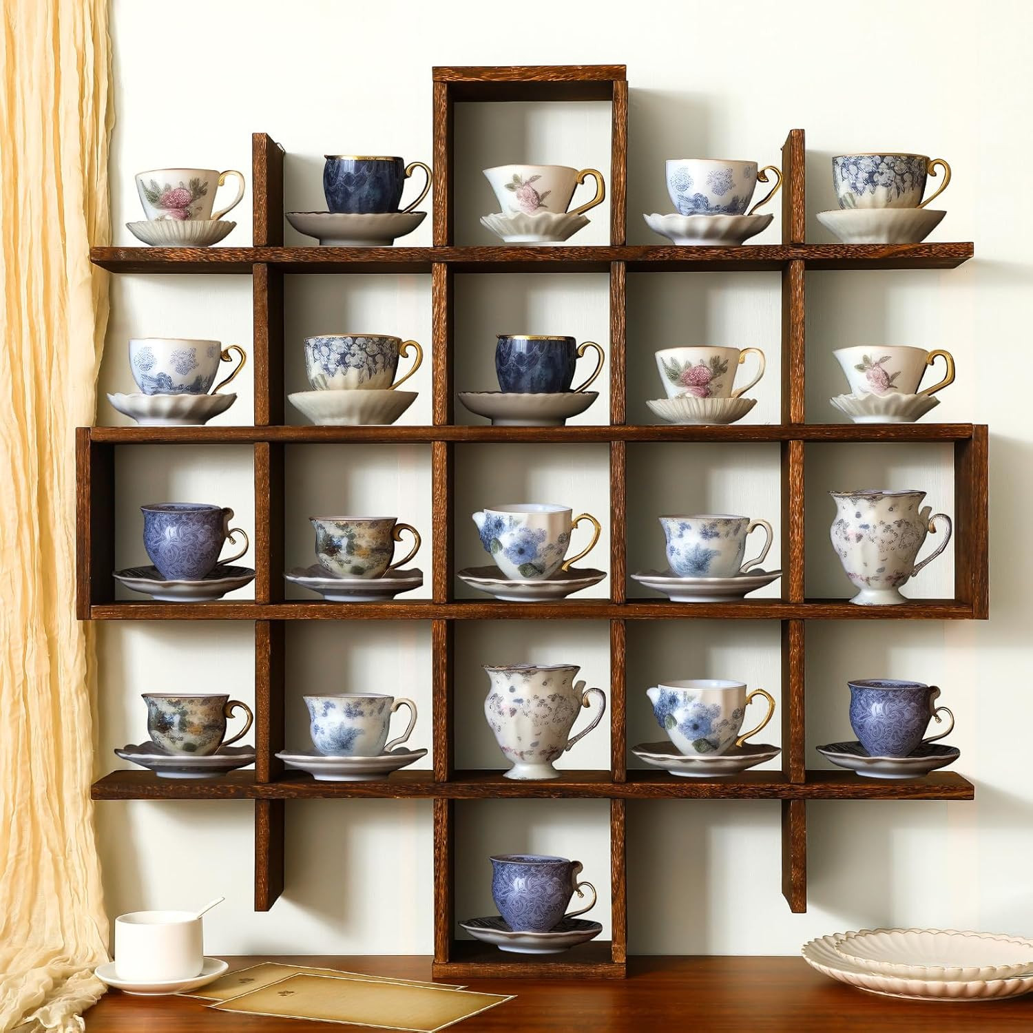 Rustic Wooden Floating Shelf for Oversized Tea Cups and Saucers – Brown