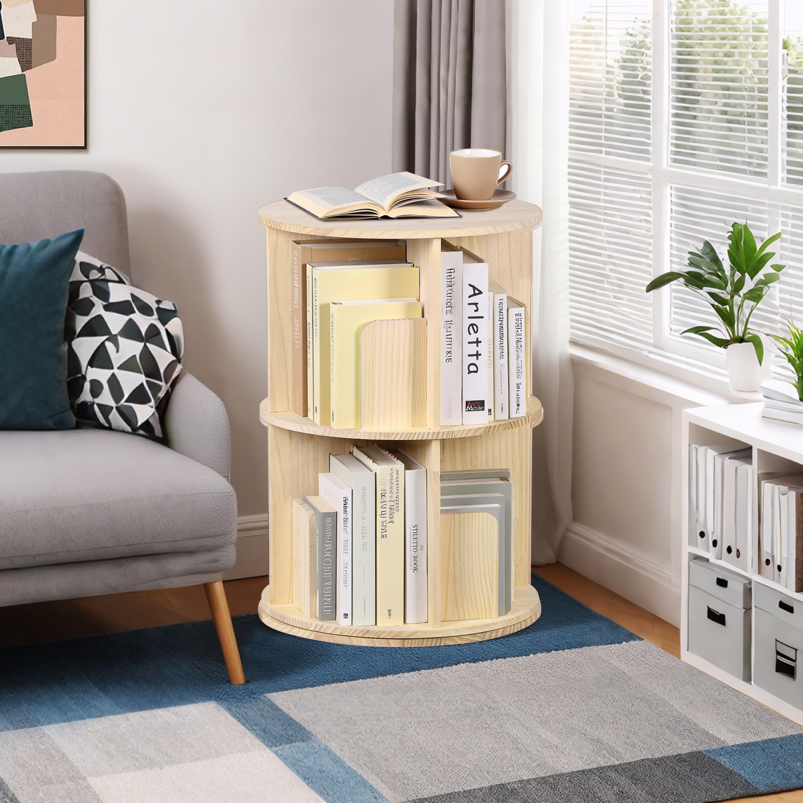 Rotating Bookshelf 360° Display 2-Tier Corner Bookshelf Floor Standing Bookcase