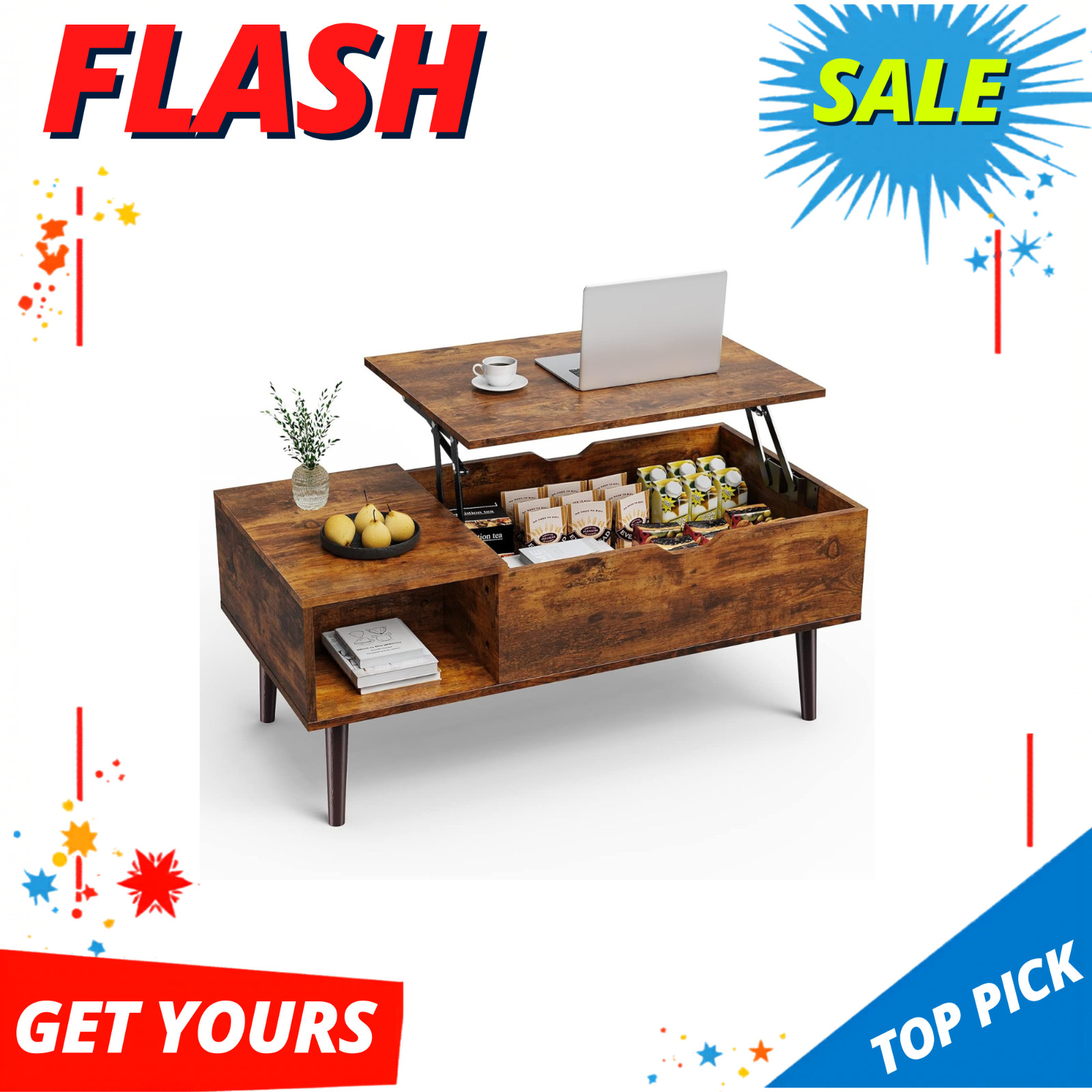 NEW Lift Top Coffee Table Living Room Storage Shelf Hidden Compartment Brown