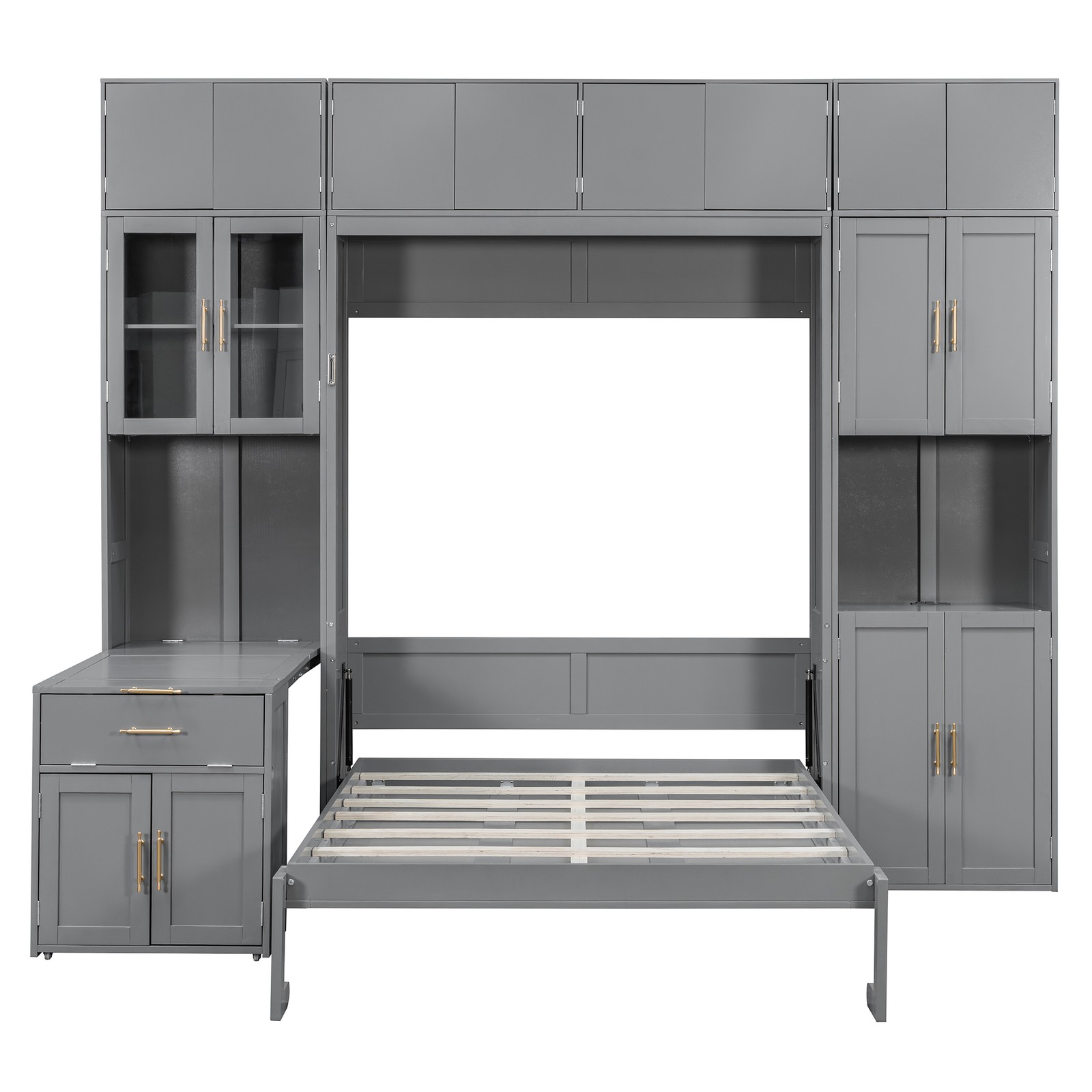 Full Size Murphy Bed with Desk & Storage Cabinets LED Light Wood Murphy Wall Bed
