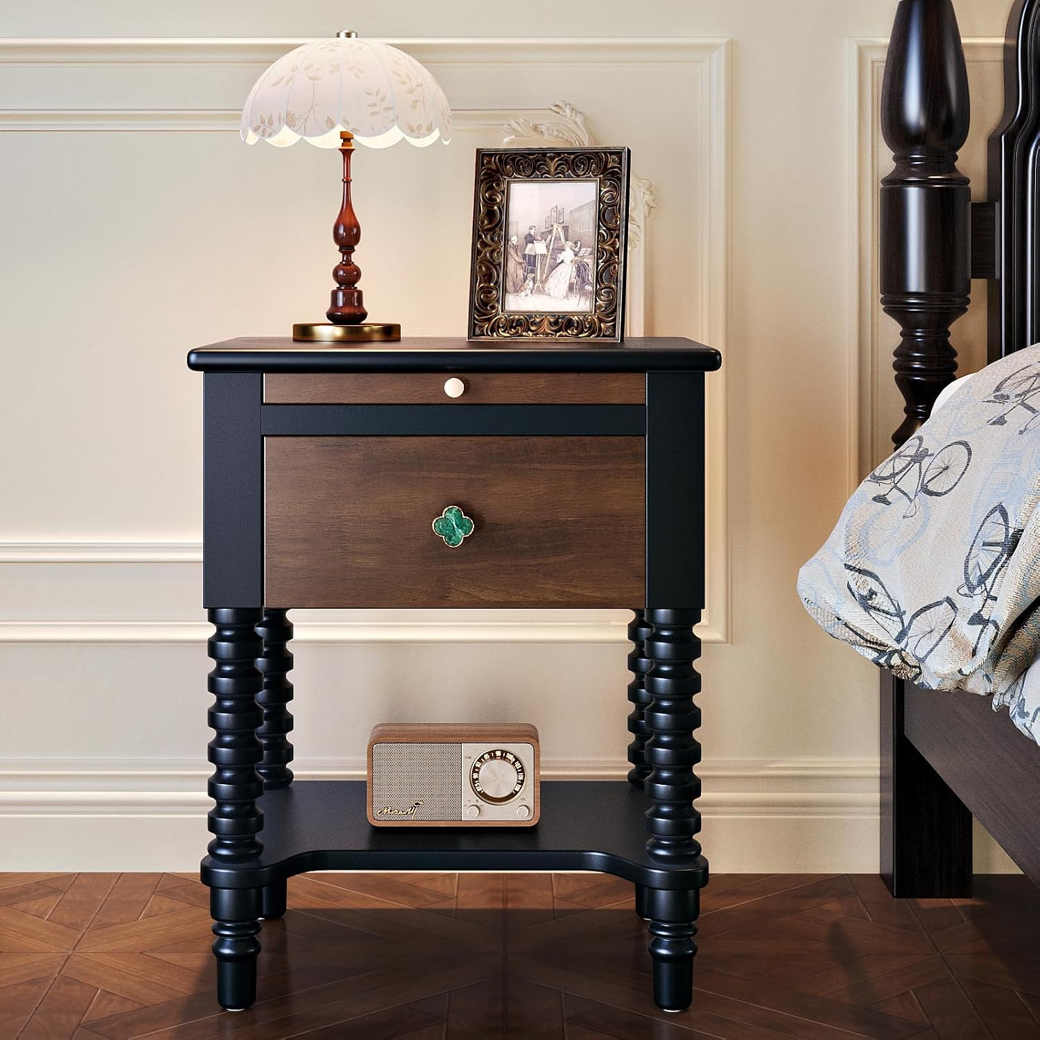 Vintage Black Walnut 17.7″ Narrow Solid Wood Nightstand with Drawer & Pull-Out S