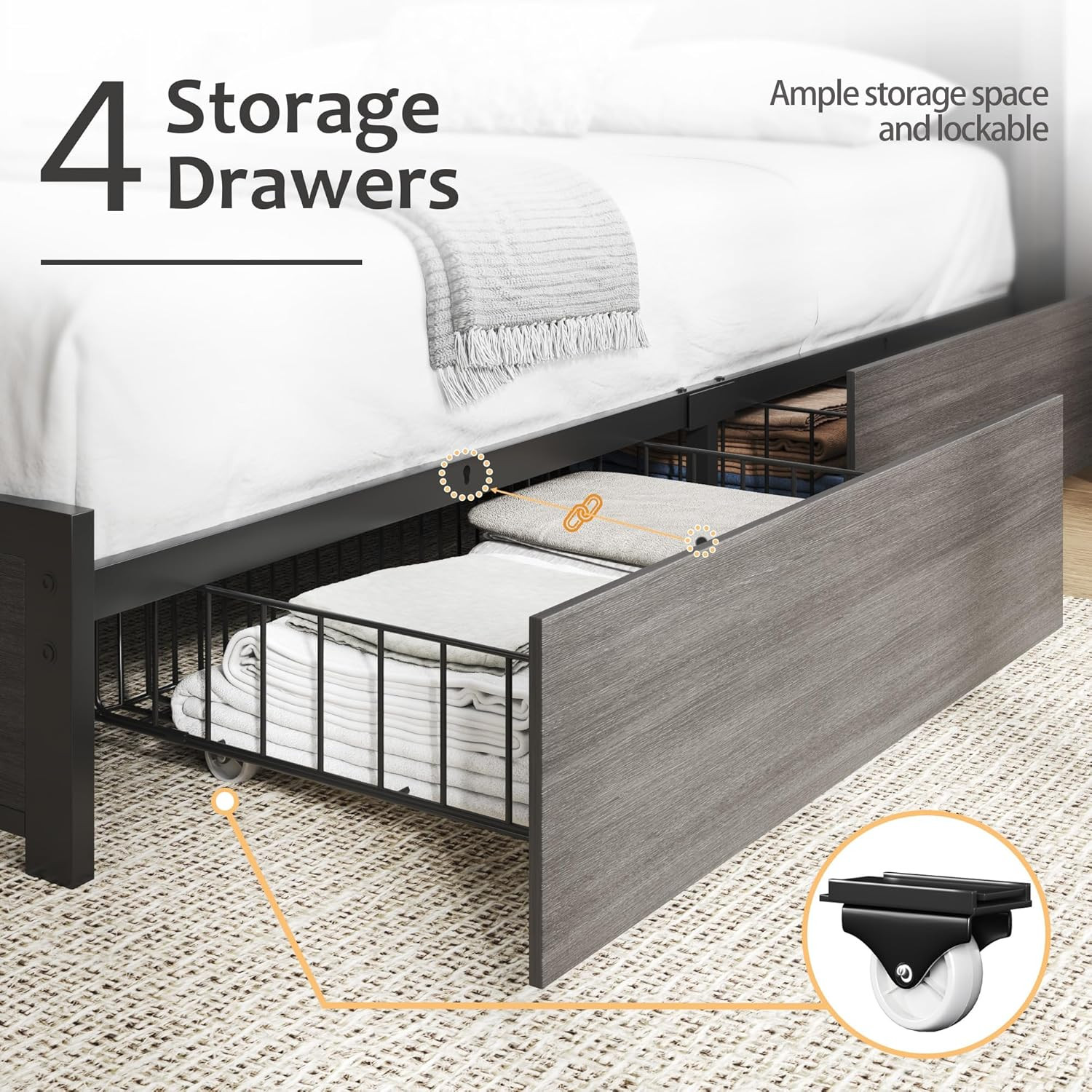 Rustic Grey Queen Bed Frame with Storage Headboard, LED & Charging Station