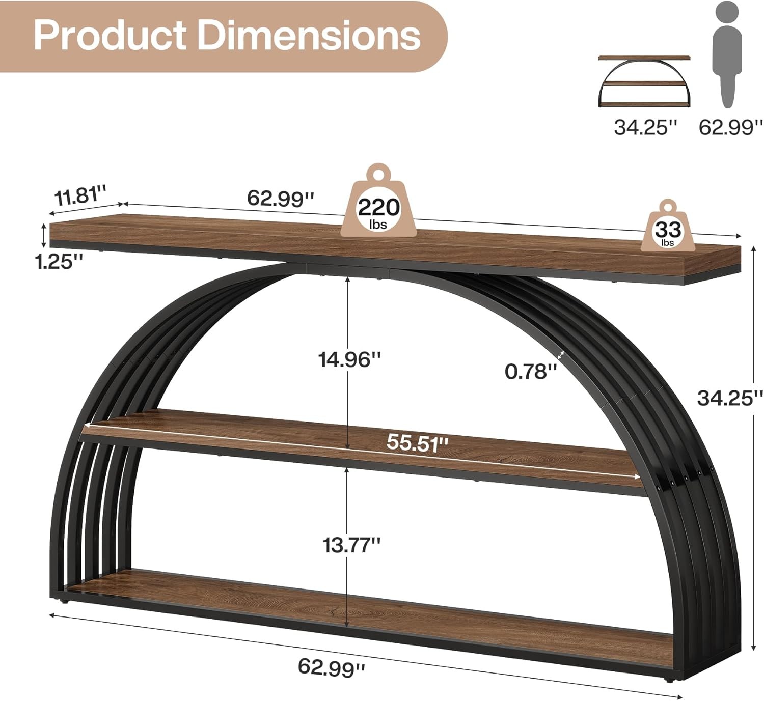 63-Inch Console Table for Entryway, Farmhouse Entryway Table with Arched Frame