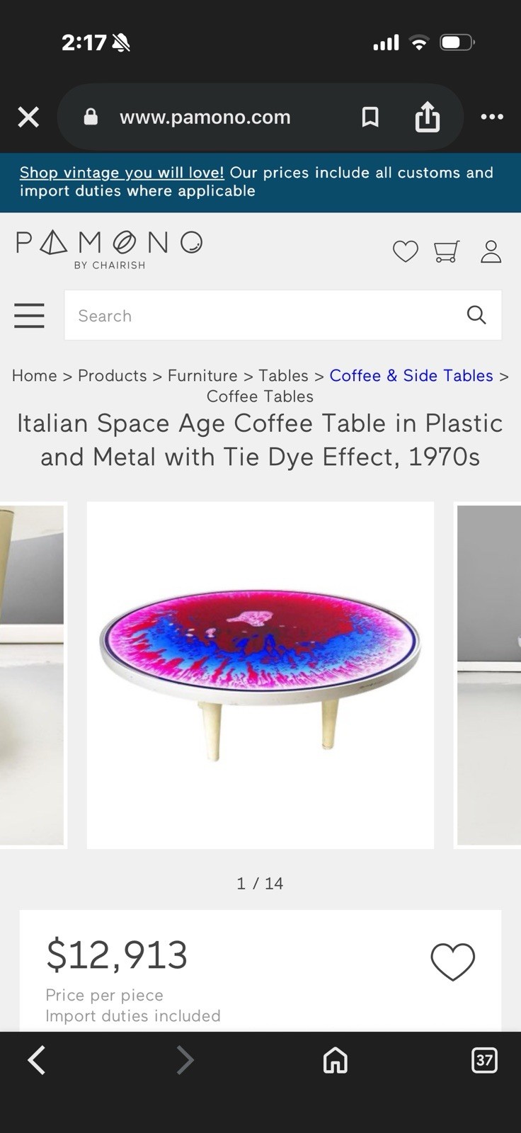 Italian Space Age Round Coffee Table Plastic/Metal Tie Dye Effect Red/Blue 1970s