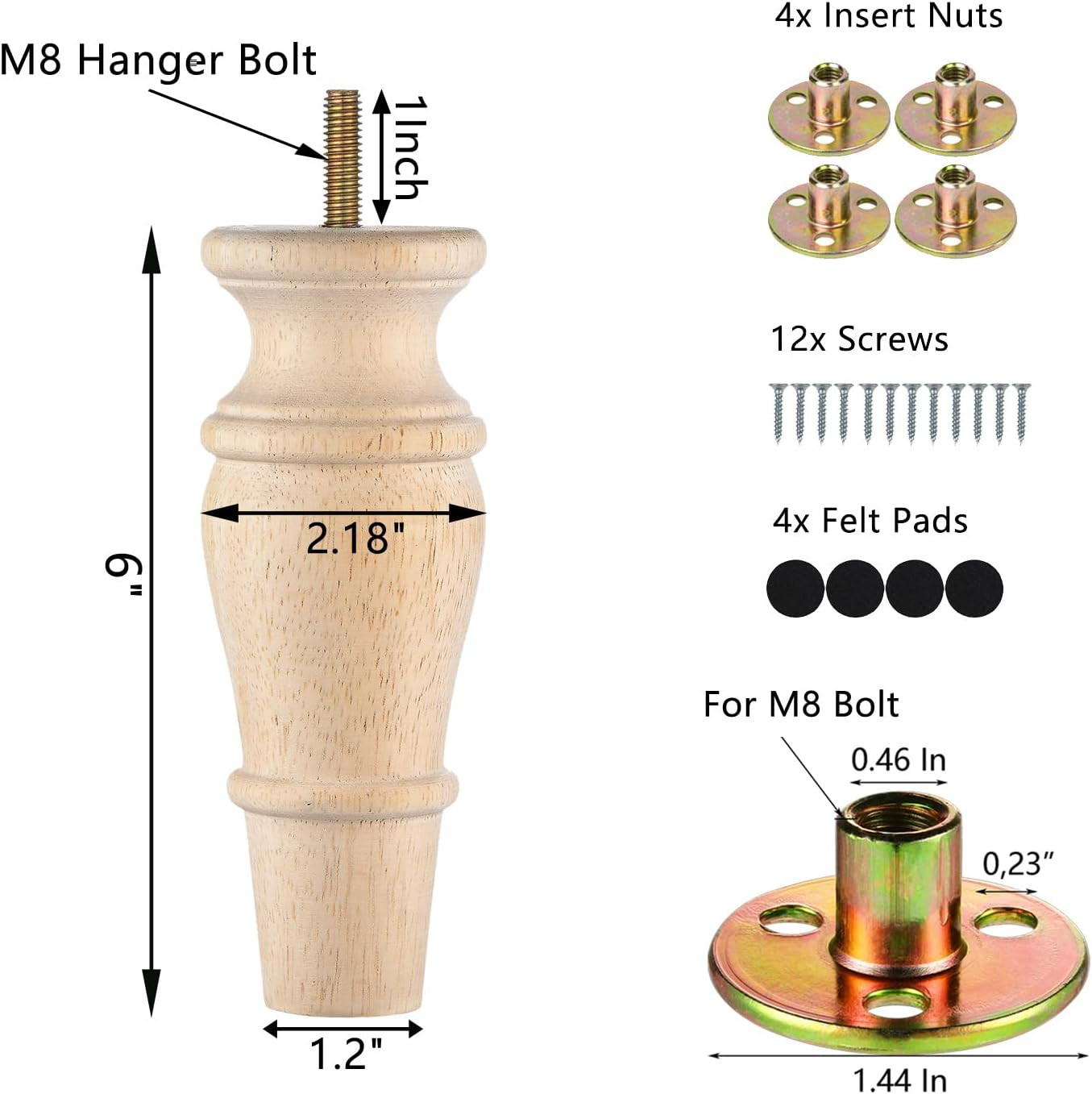 Wooden Furniture Legs 6 Inch Set of 4 Unfinished Replacement Parts for Couch Sof