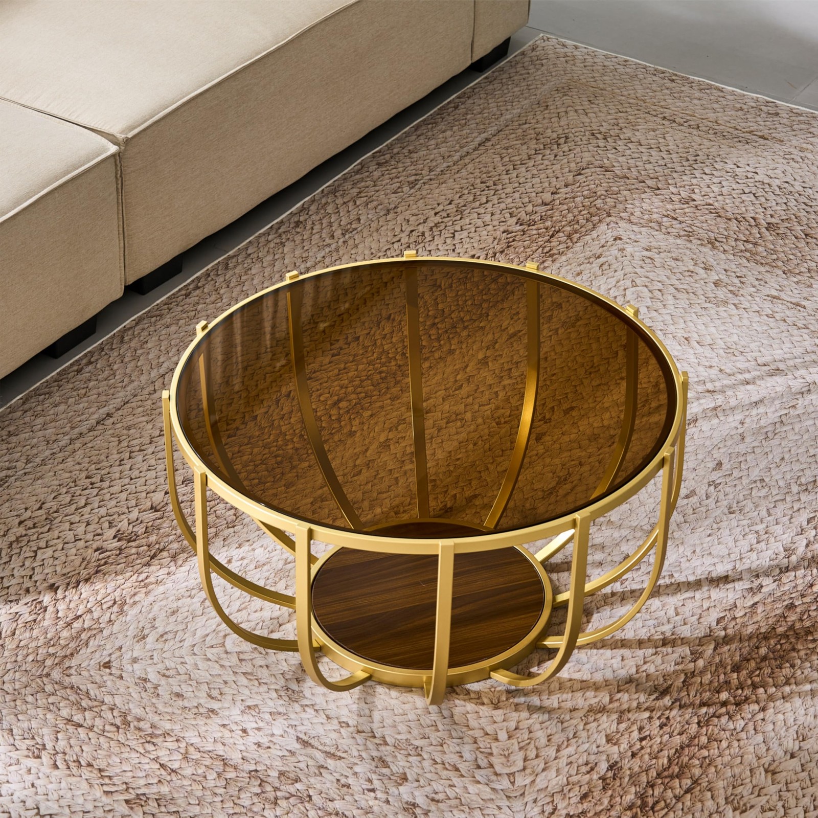 Round Coffee Table Brown Glass and Wanlut Two Tier Gold Frame Mid Century