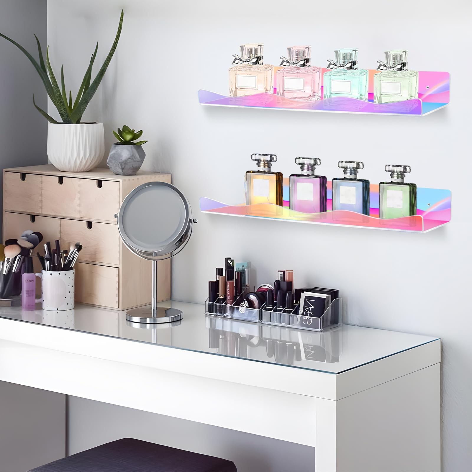 4 Pack Iridescent Acrylic Floating Shelves, 15.7″ Clear Acrylic Display Shelv…