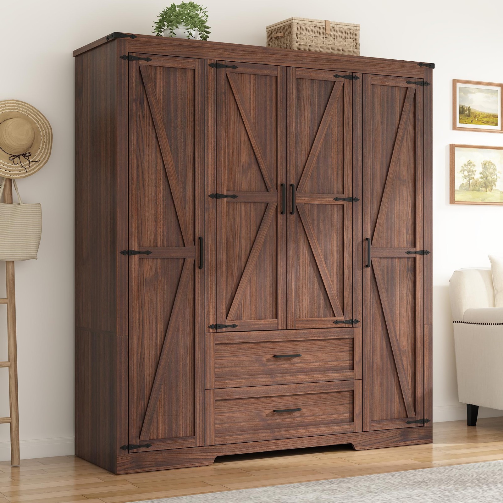 Farmhouse Wardrobe Armoire Closet with 3 Doors and 2 Drawers, 70.1″ Wooden