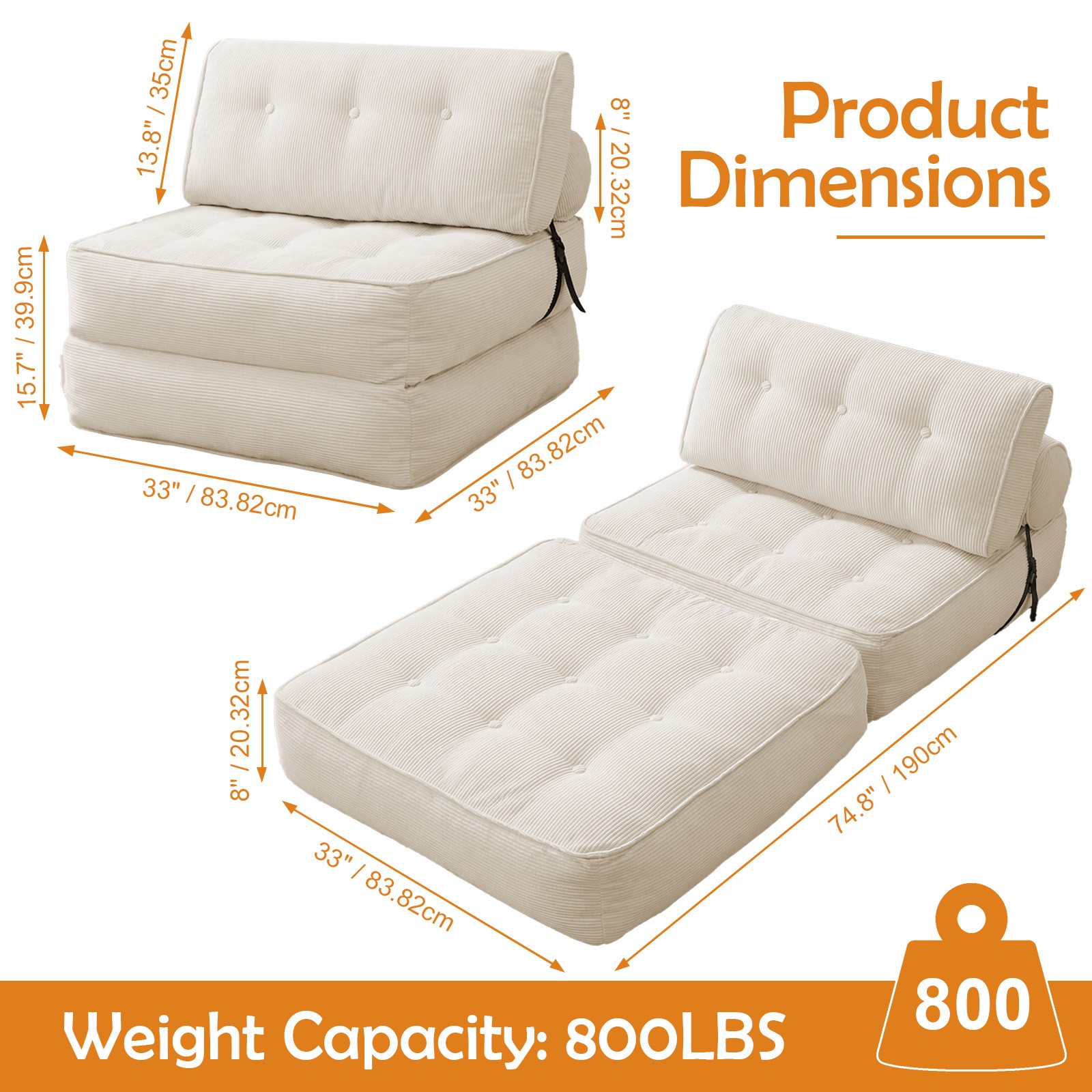 Folding Sofa Bed, Single Convertible Sleeper Chair Bed Couches w/ Dual-Pillow