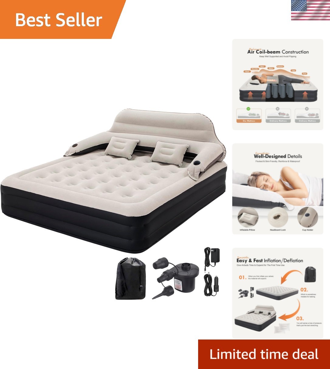 King Size Air Mattress with Headboard and Pump,Blow Up Mattress Inflatable Be…