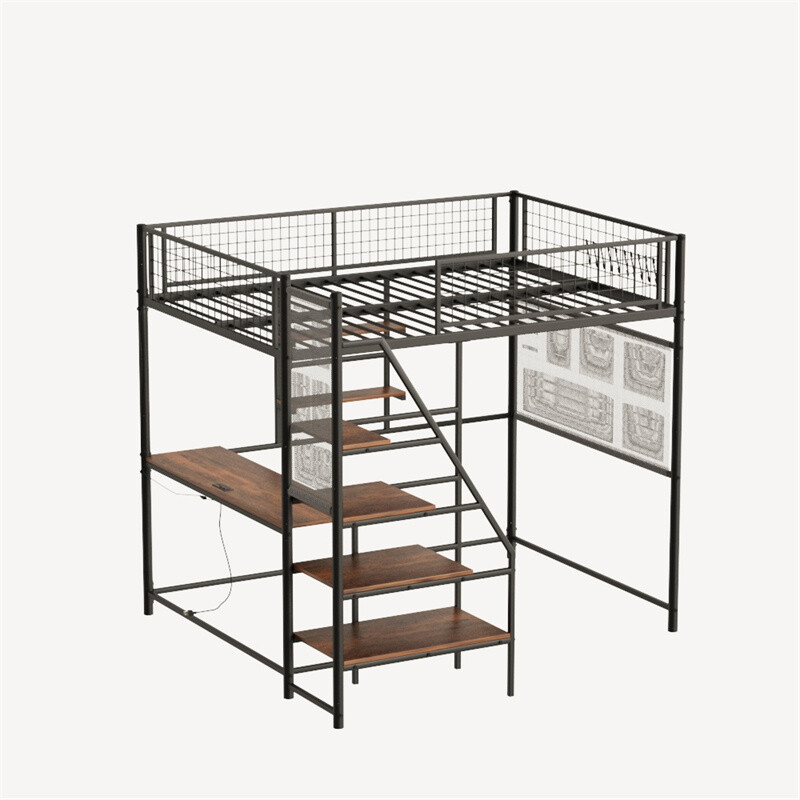 Full Size Metal Loft Bed w/Desk,Storage Stairs,Shelves & LED Light for Dormitory
