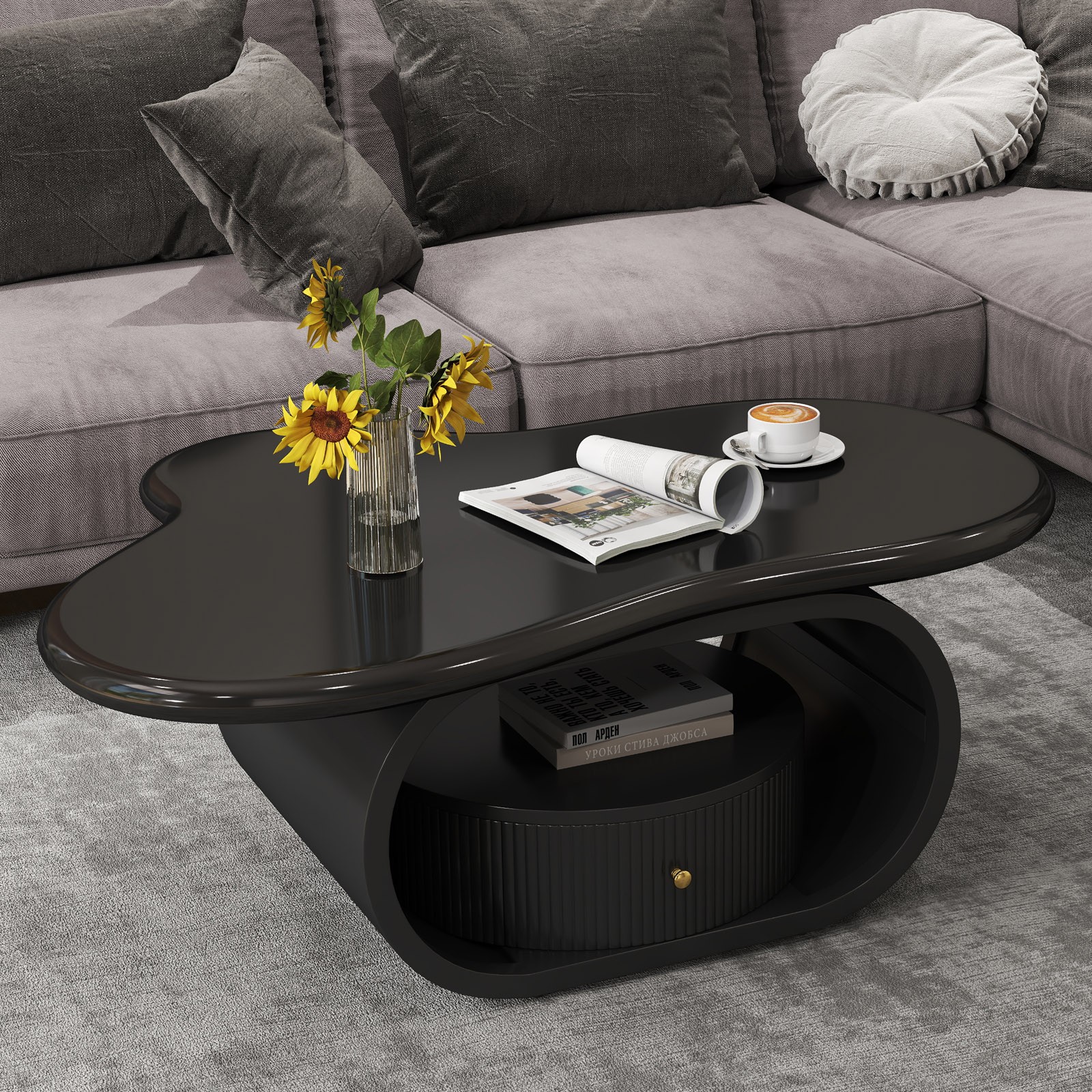Black Modern 39″ Irregular Cloud Coffee Table Center Table w/Drawer Home Office