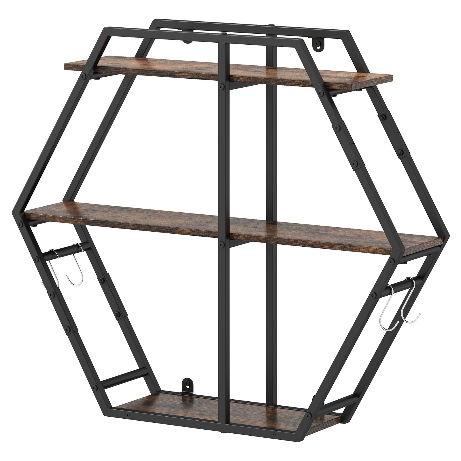 Hexagon Shelf for Wall, 3-Tier Geometric Bookcase w/4 S-Shaped Hooks Metal Frame