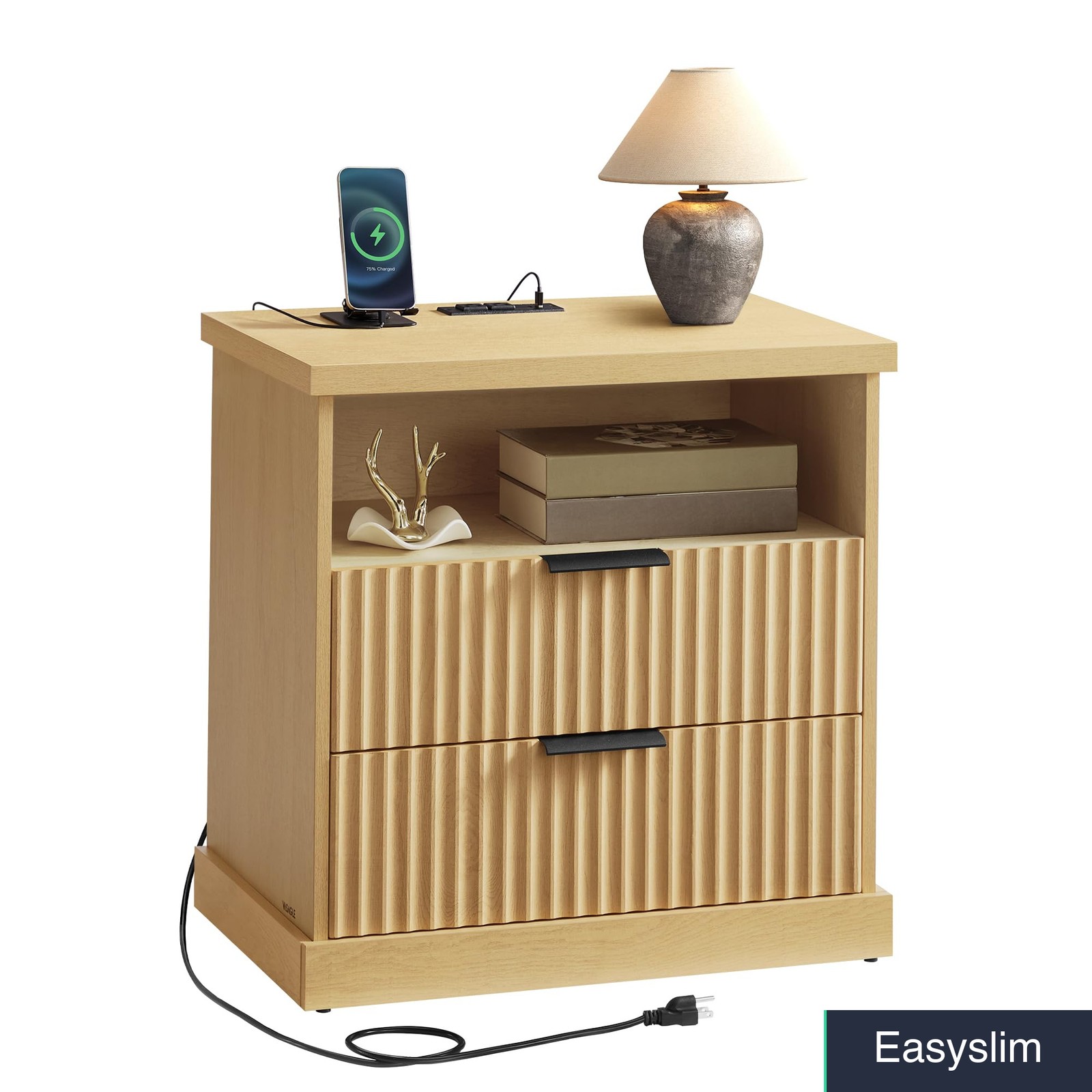 Nightstand Charging Station 2 Drawers Mid-Century Modern Oak Beige