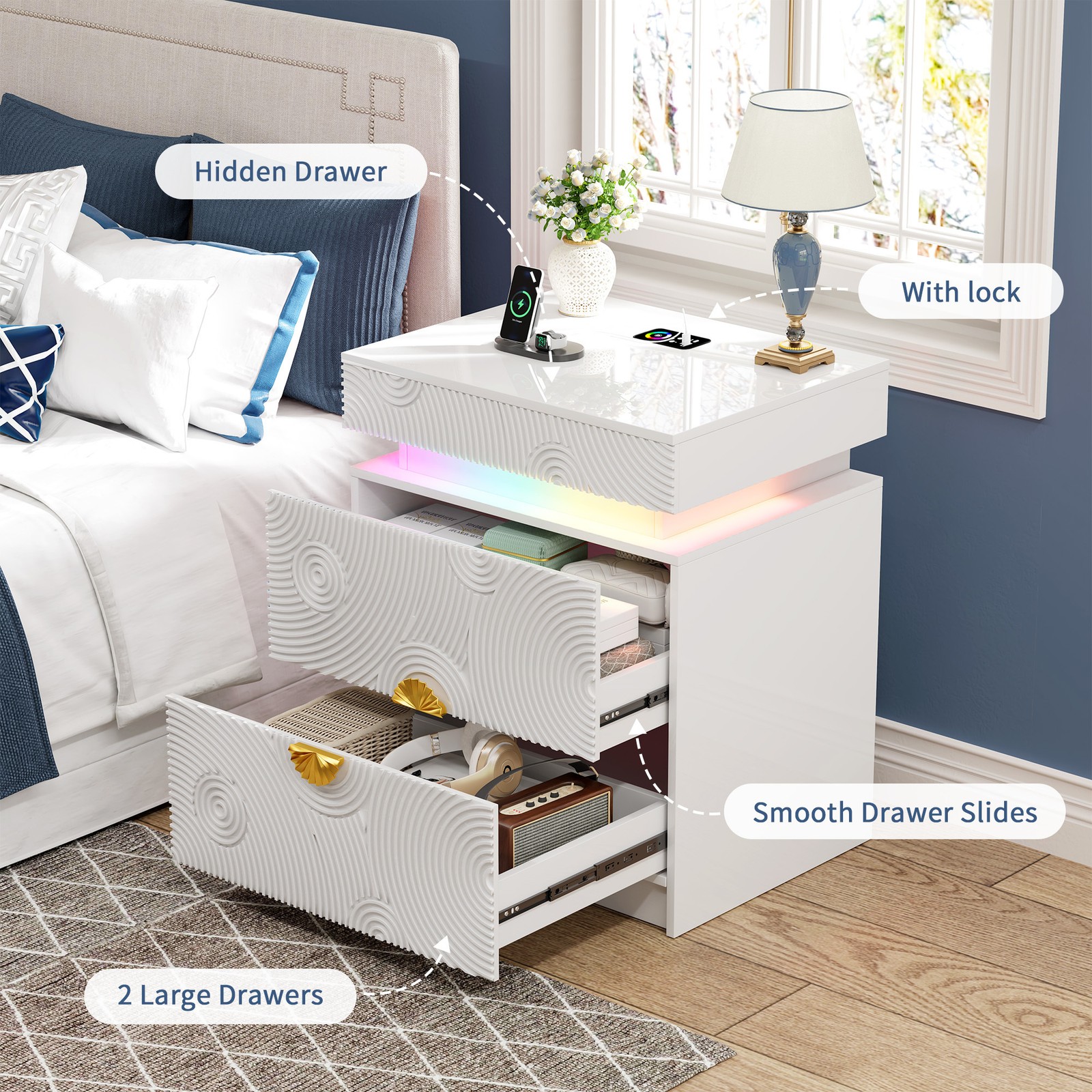 Nightstand with Hidden Drawer, Night Stand with LED Lights and Charging Station
