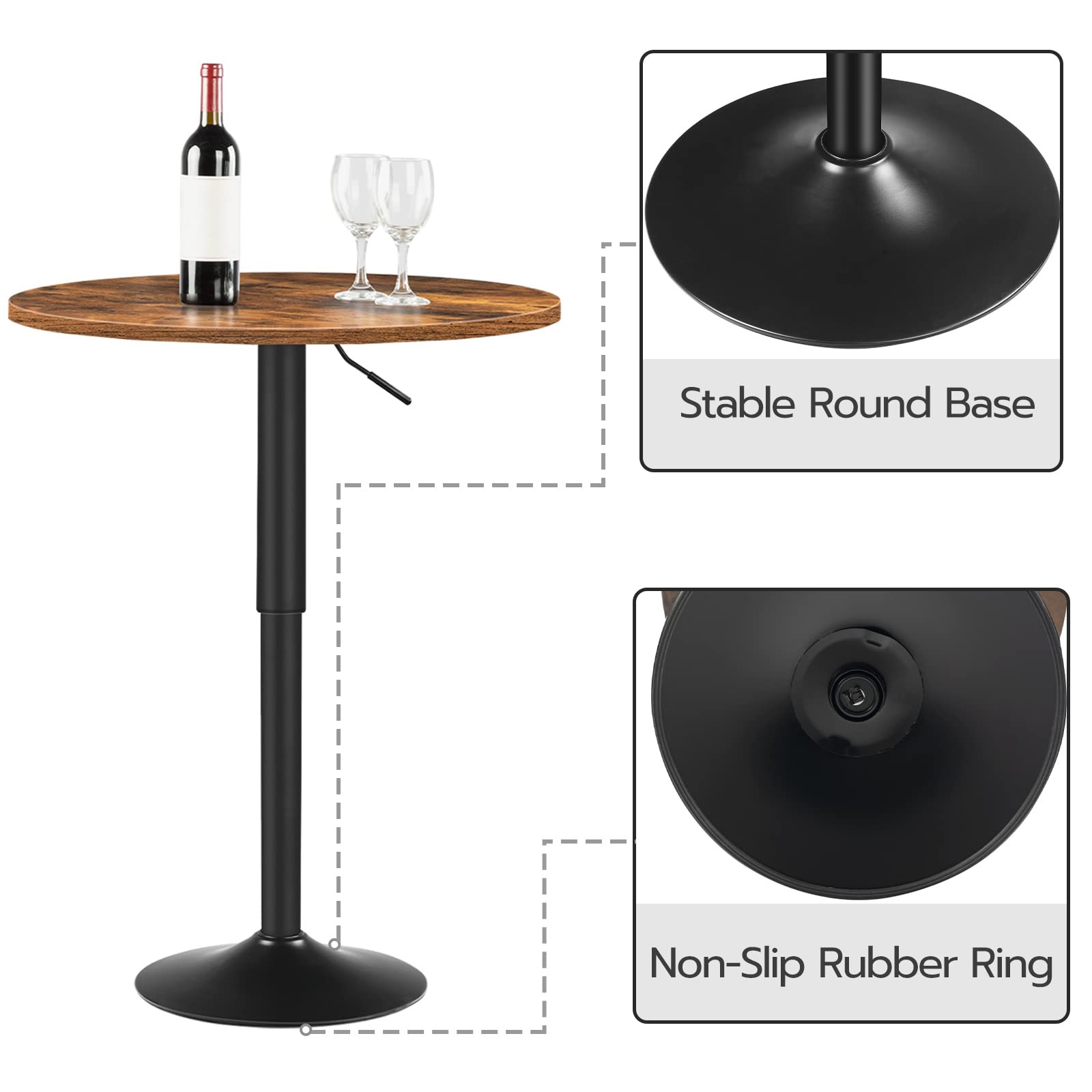 Bar Table, Height-Adjustable Round Pub Table 27-35.4 Inches with Sturdy Base,…