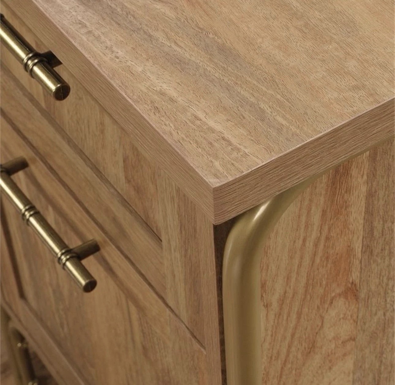 Light Brown Gold Finish L-Shaped Corner Desk Wood Drawers Shelves 60.5″ x 59″