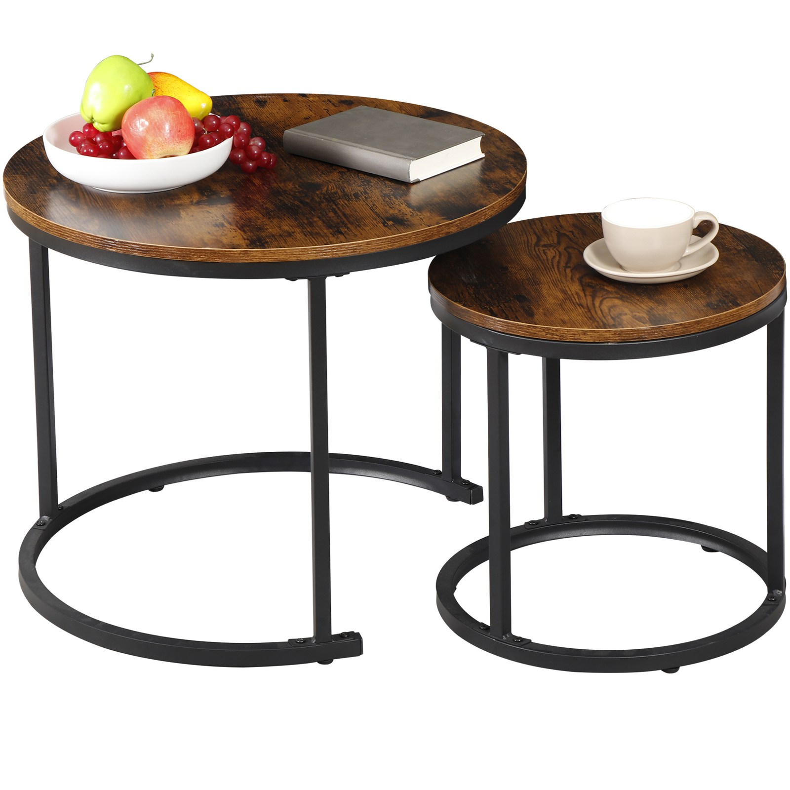 Set of 2 Nesting Coffee Table Round Side Table Industrial Style Home Office