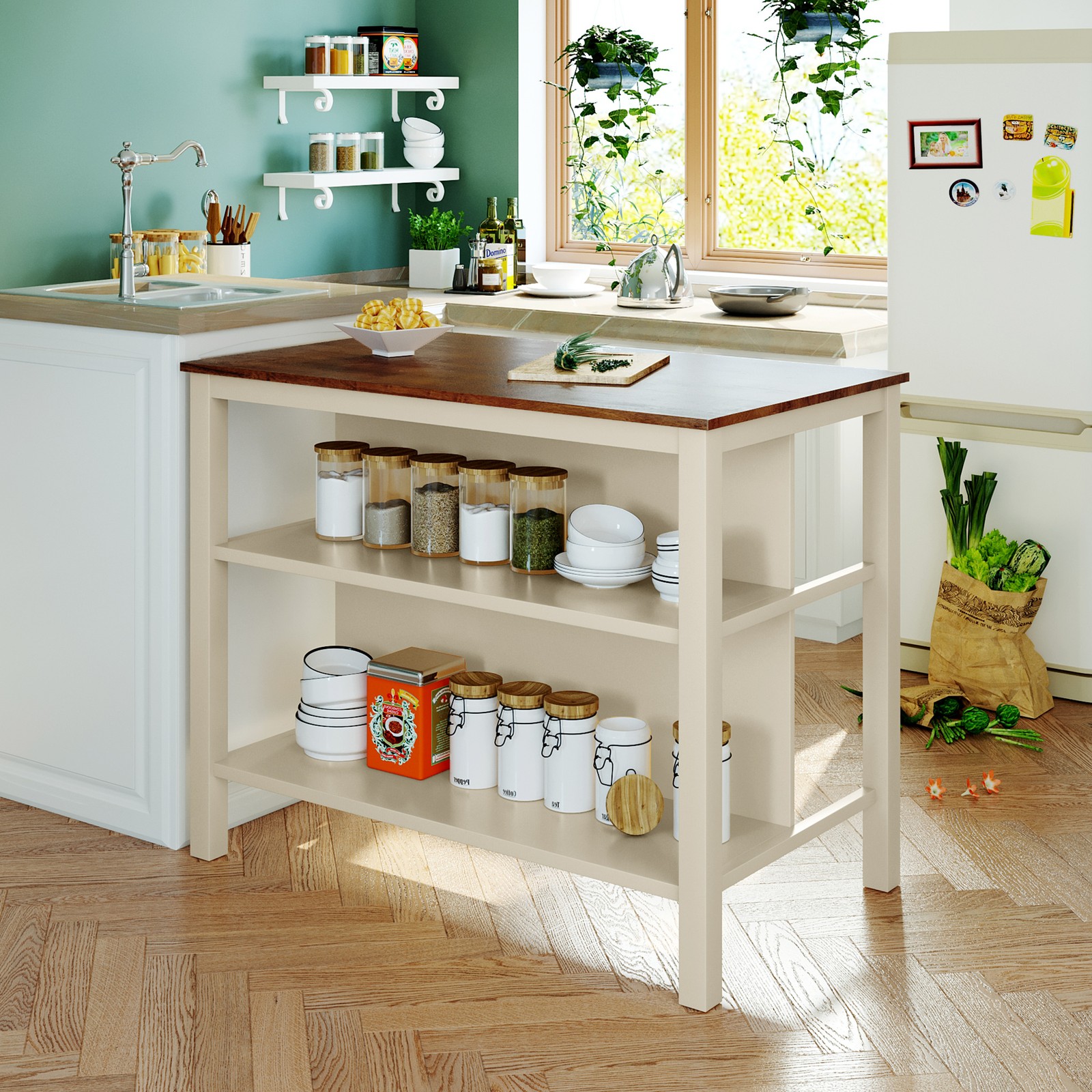 Solid Wood Rustic Kitchen Island 45 x 27 x 36 in Walnut Top Cream Frame