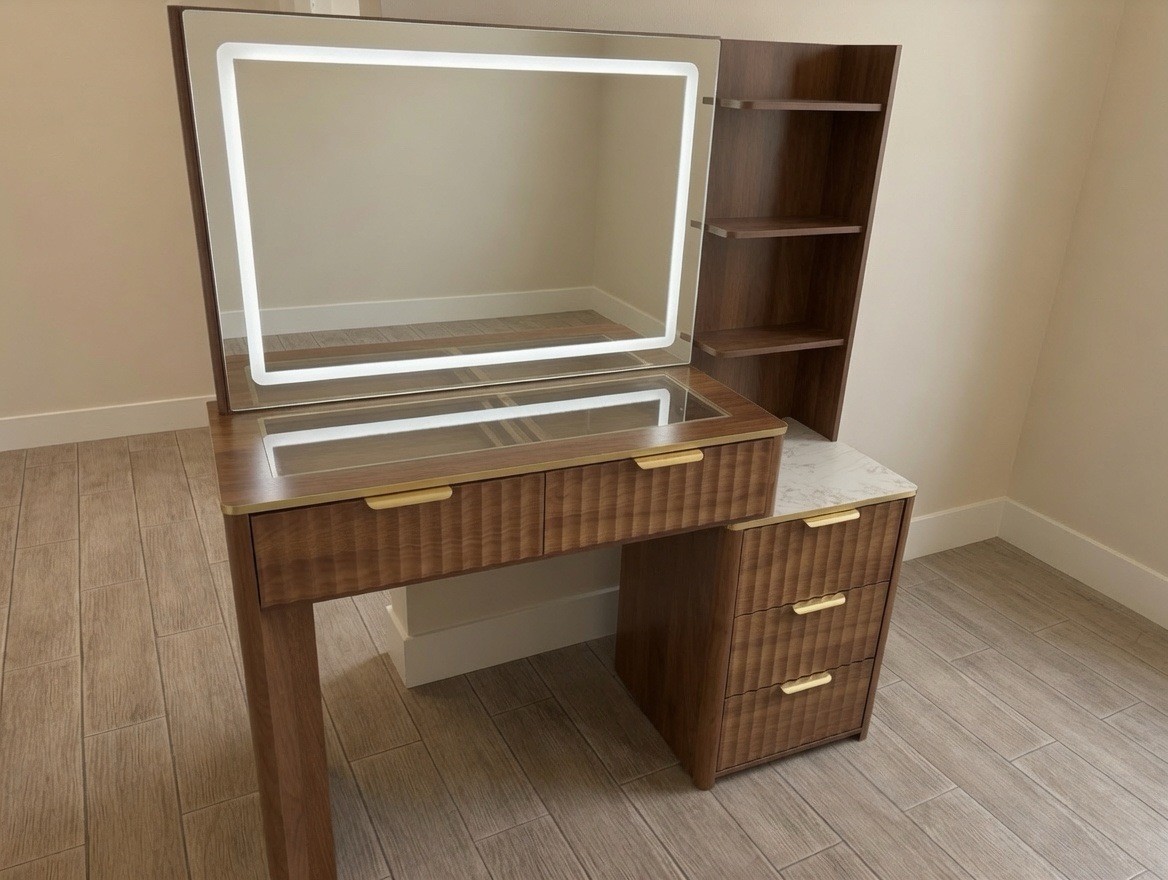 Dark Wood Vanity Table w/ Rectangular Mirror, Glass Top, 3 Drawers Brown
