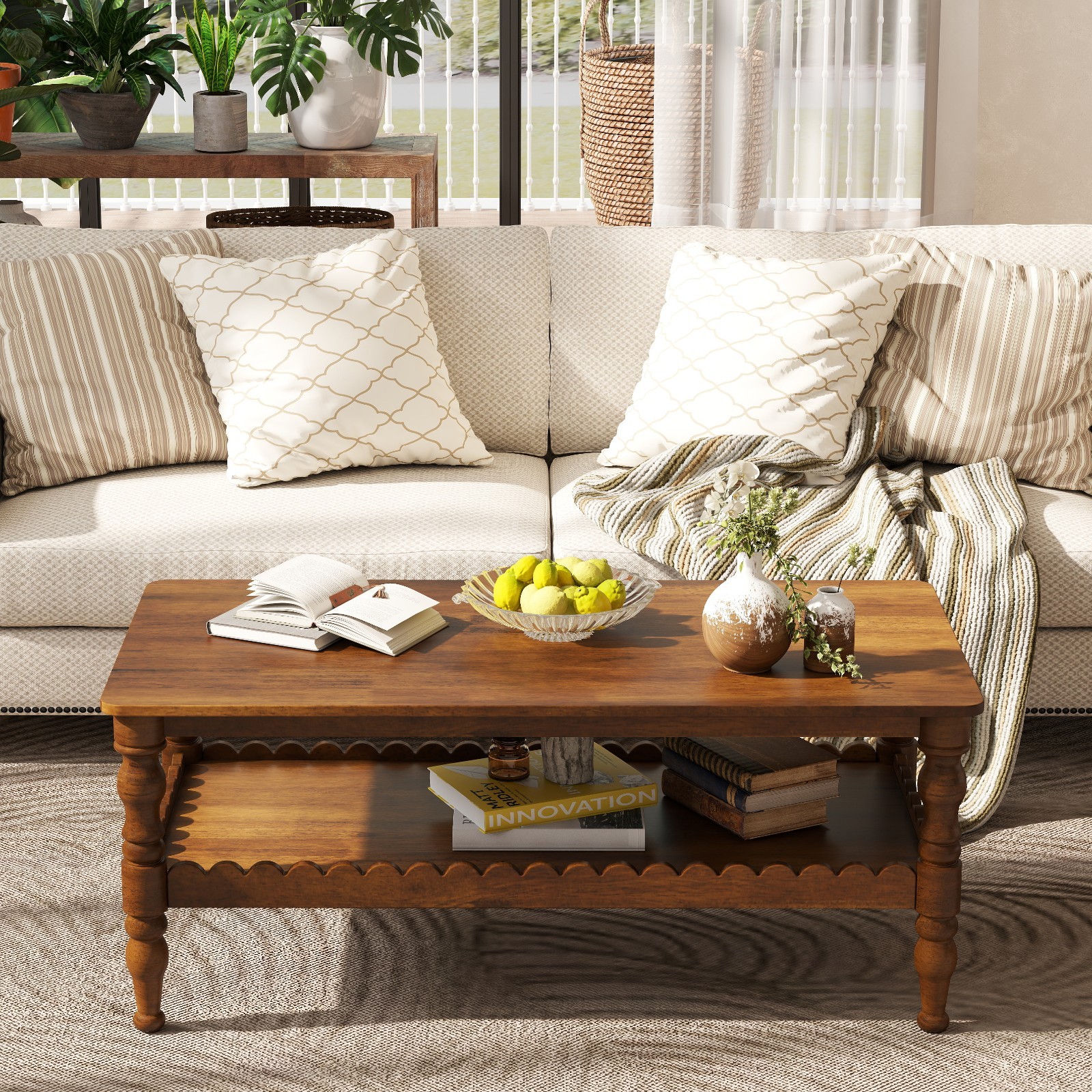 2-Tier Rectangle Coffee Table Center Table With Storage Shelf for Living Room