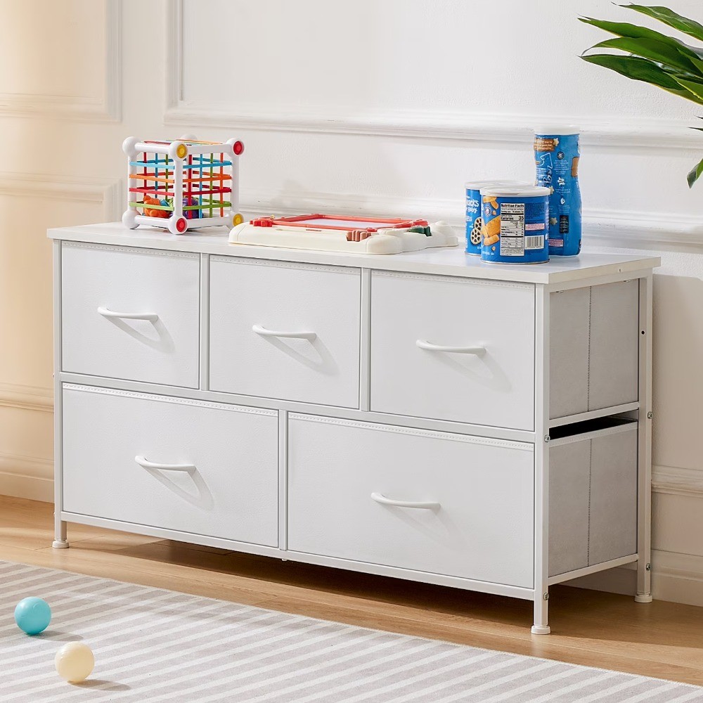 5 Drawer Dresser,Wide Chest of Drawers for Bedroom with Metal Frame for TV,White