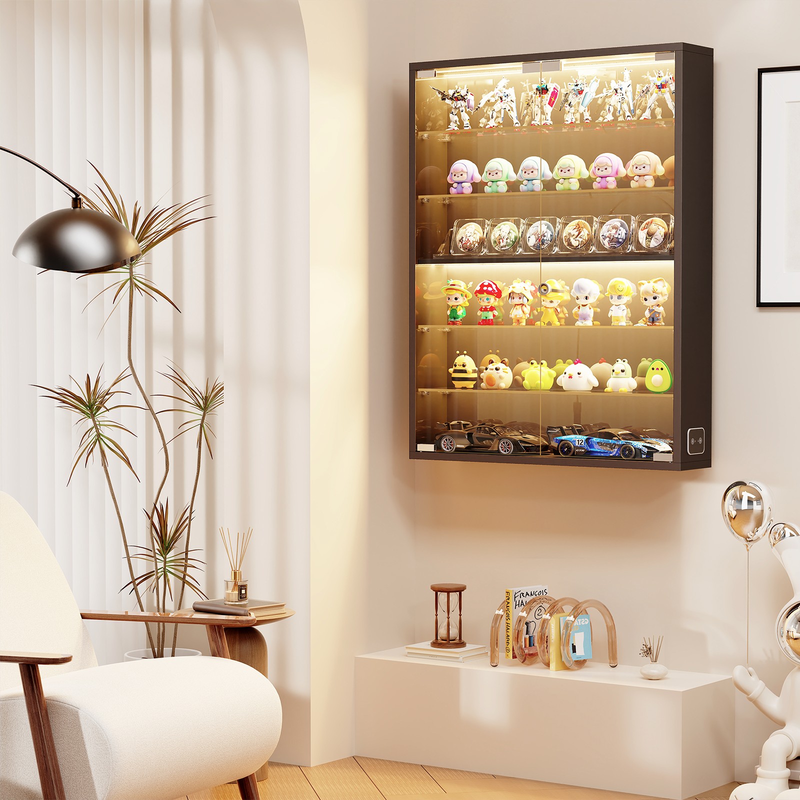 3-Color LED Lighted Display Cabinet, 6-Tier Wall-Mounted Showcase For Colletible