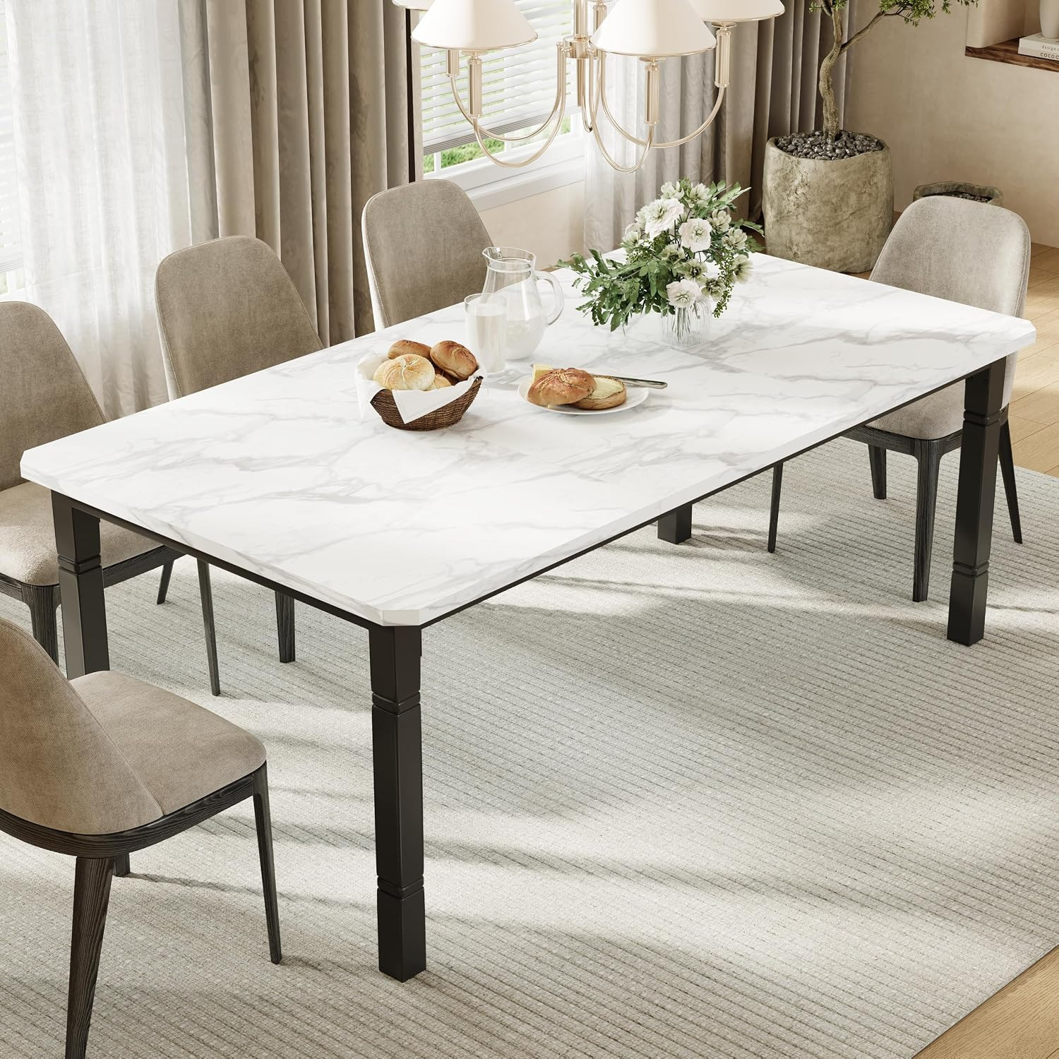 Stylish 71″ Marble White Dining Table for 6-8 with Sturdy Metal Frame