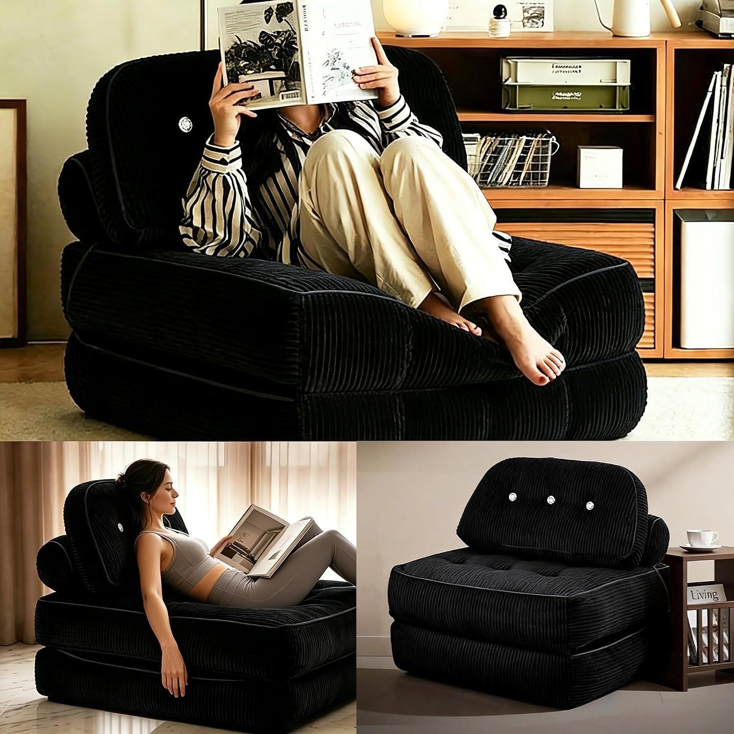 Folding Sofa Bed, Flannel Futon Couch Bed with Pillow and Blanket, Convertible