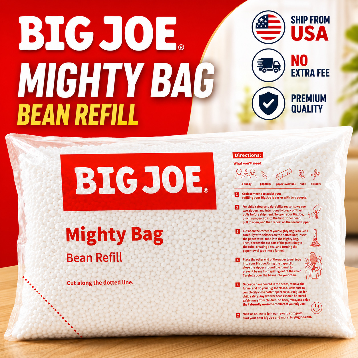 Big Joe Bean Refill 1 Pack Polystyrene Beans for Bean Bags or Crafts NEW