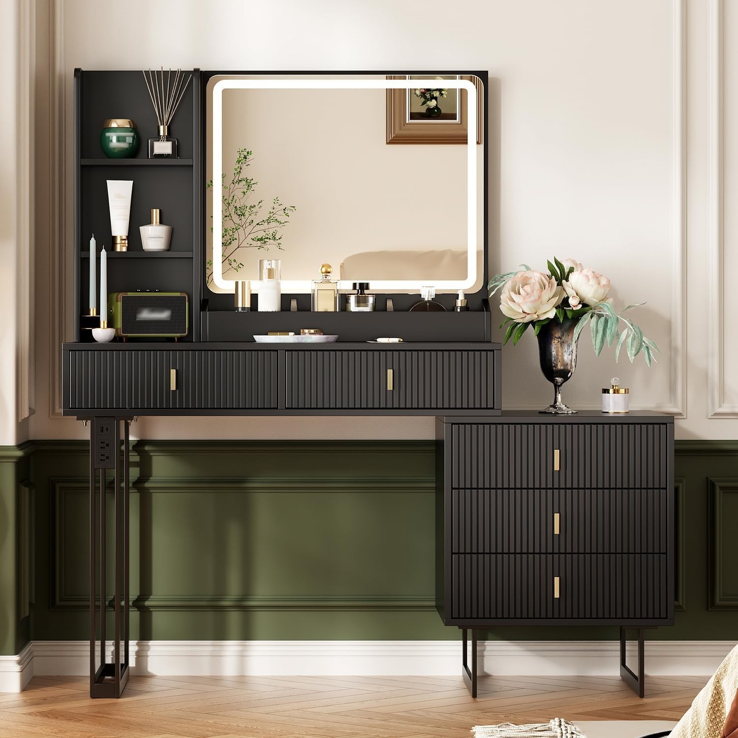 Large Vanity Desk 3 Color Touch Screen Dimming Mirror Charging Station Moden
