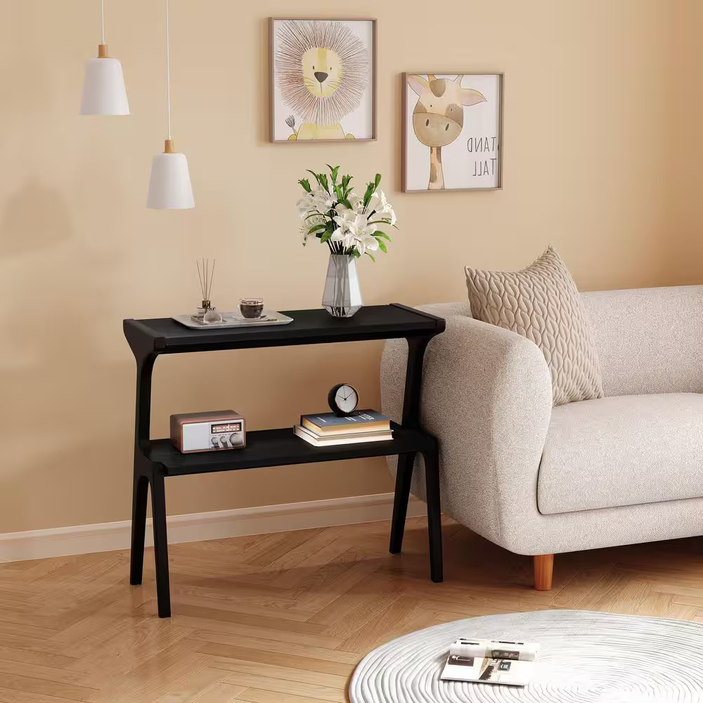 Kerlin 27. 56 In. Black Rectangle All Solid Wood Side Table, Minimalist End Tabl