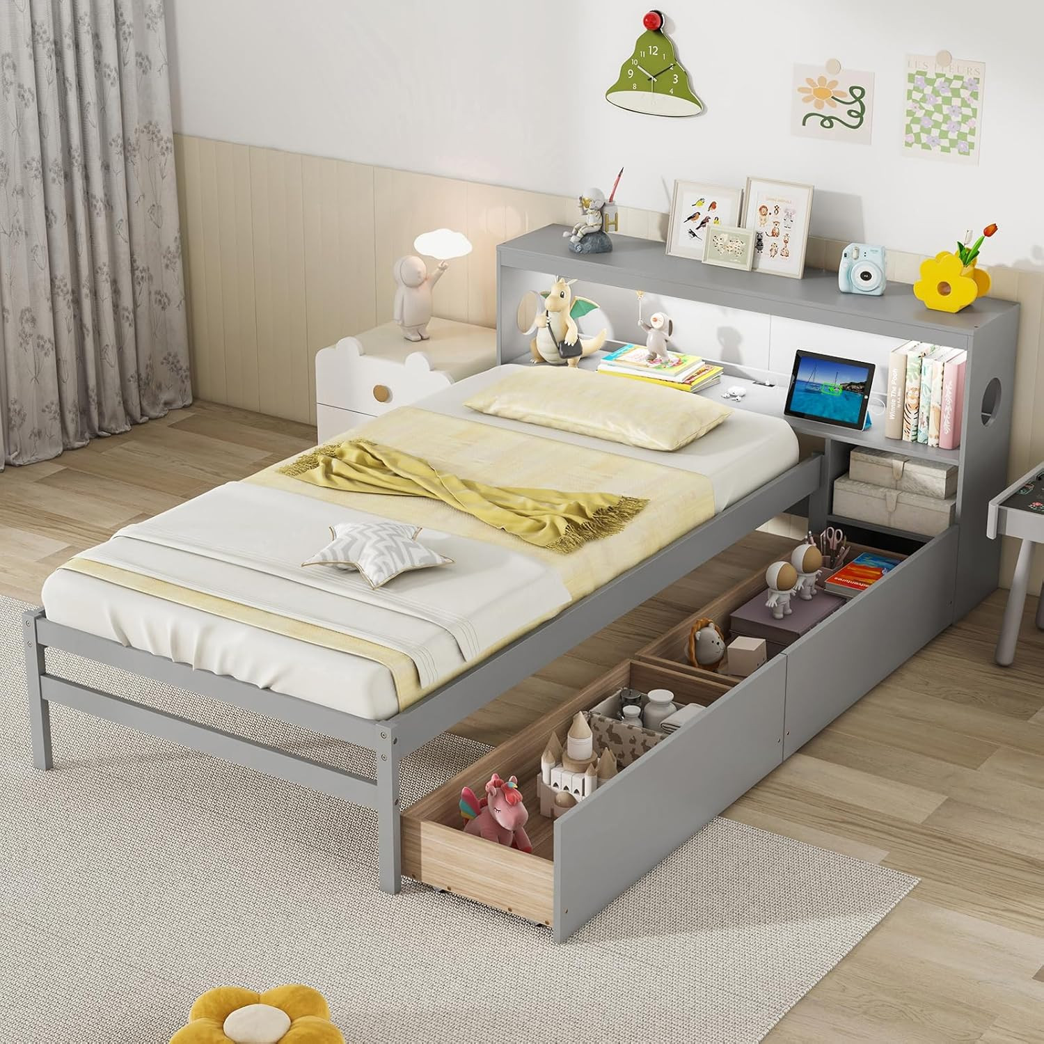 Twin Bed Frame with Storage, LED Light & Charging Station, Grey