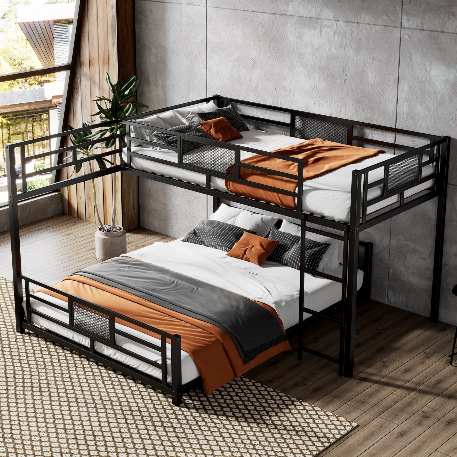 L-shaped Metal Twin over Full Size Bunk Bed with Ladder Black for Bedroom