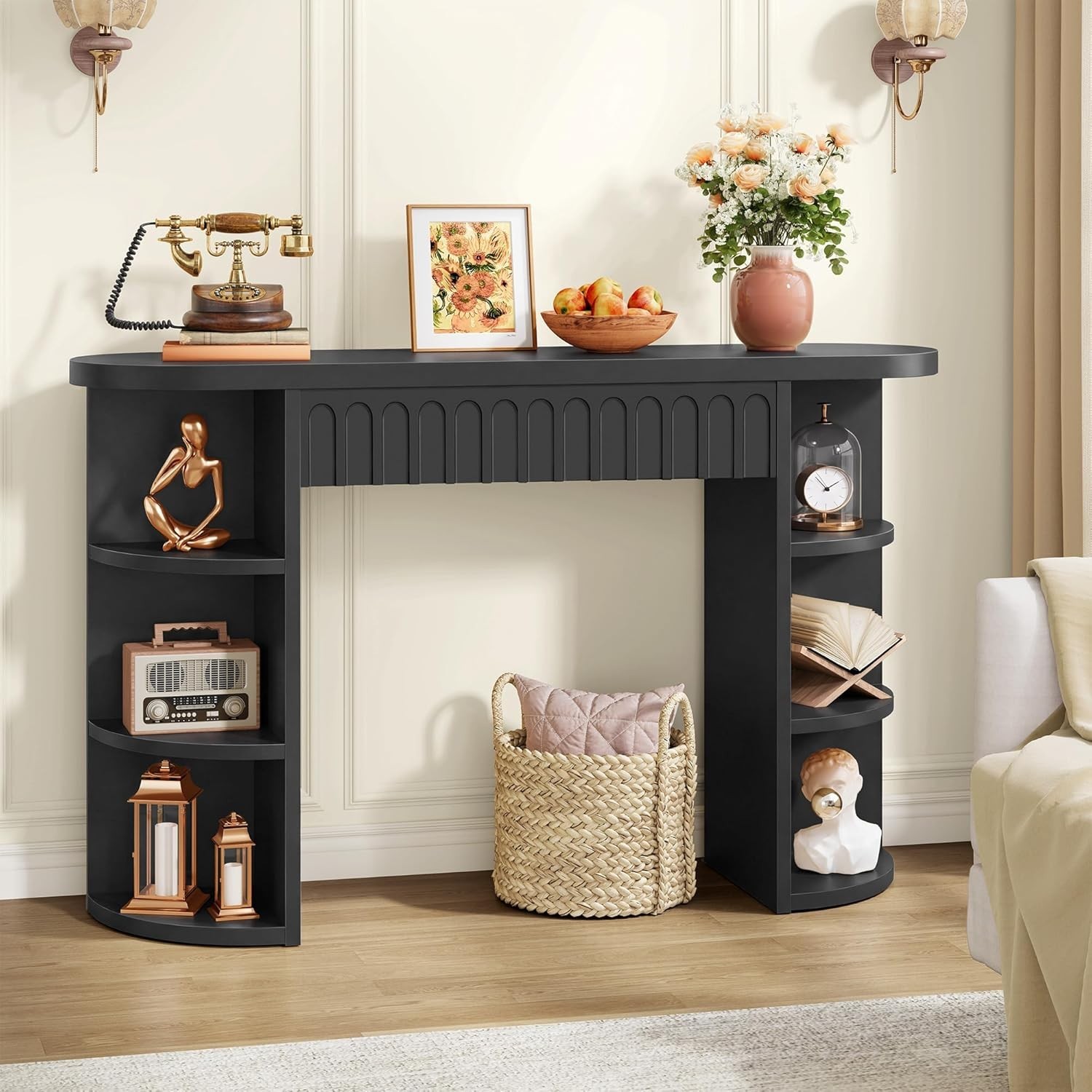 Fluted Console Table with Storage, Entryway Table with Side Storage Shelves, …