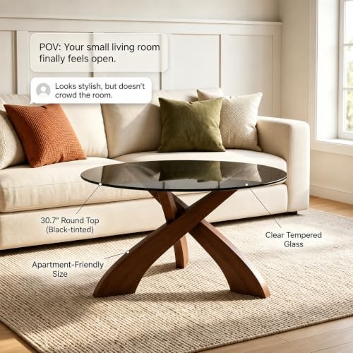 Walnut Round Glass Coffee Table, 30.7″ with Tempered Glass Top, Walnut Round