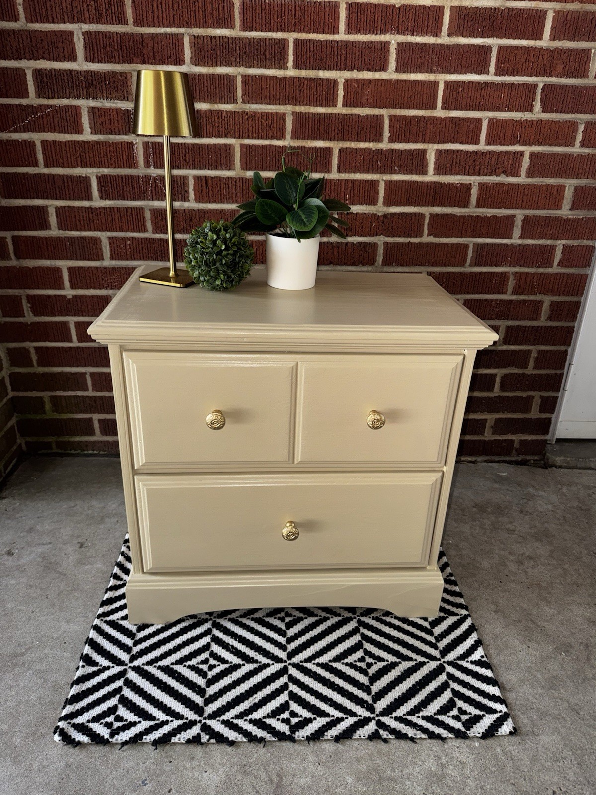 Tan Painted Wood Nightstand w/ Storage, 3 Drawers, Metal Knob Handles