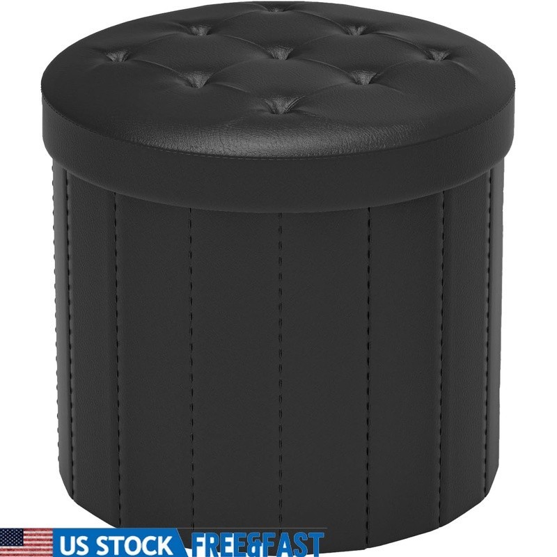 Round Folding Storage Ottoman Foot Stool with Thicker Foam Padded Seat Black