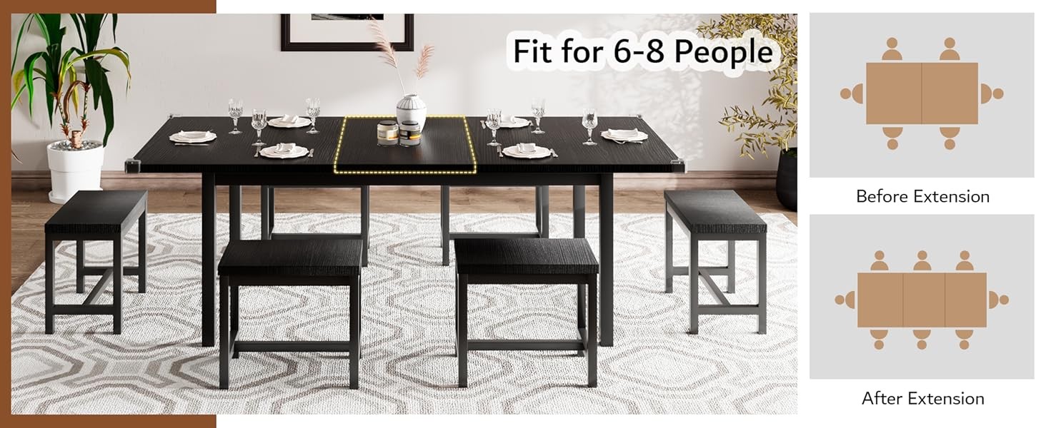 7-Piece Extendable Dining Table Set with 6 Stools, 63″ Kitchen Table Set for