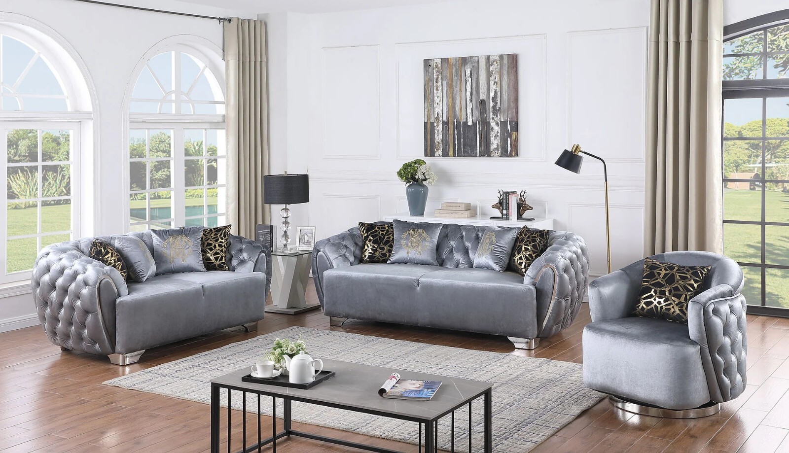 NEW 3PC Gray Silver Sofa Loveseat Chair Tufted Velvet Modern Luxury Living Room