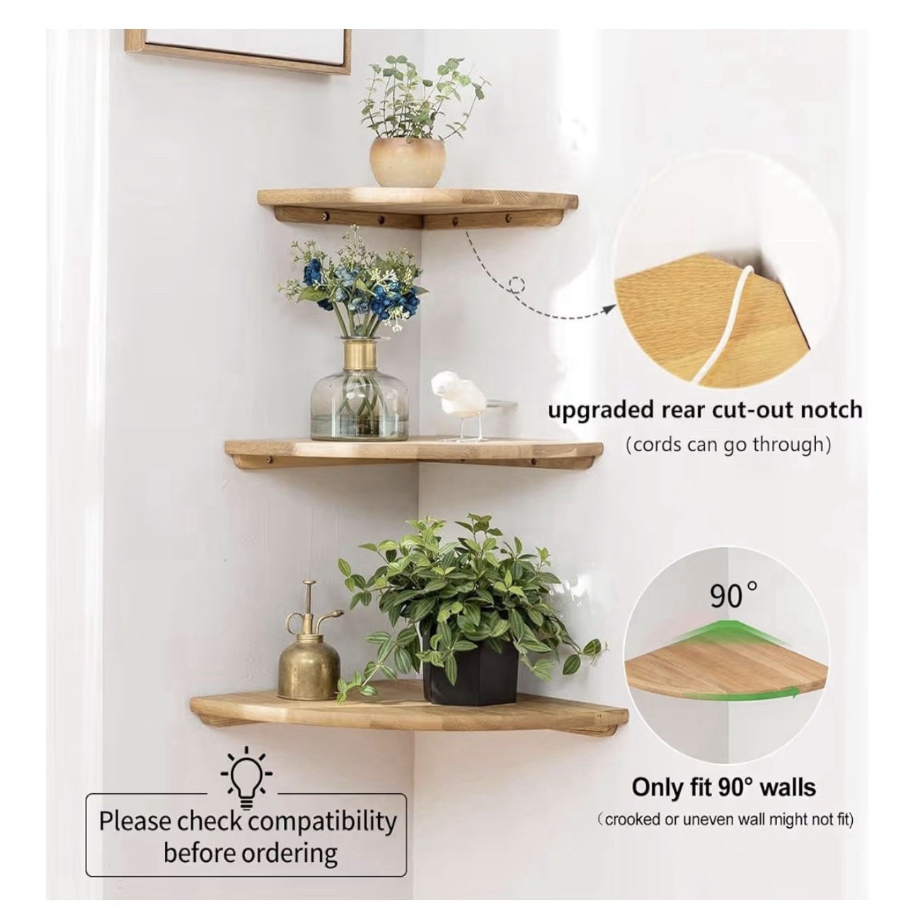 30cm Corner Floating Shelf Wall Mount Wood Corner Shelf Oak Color