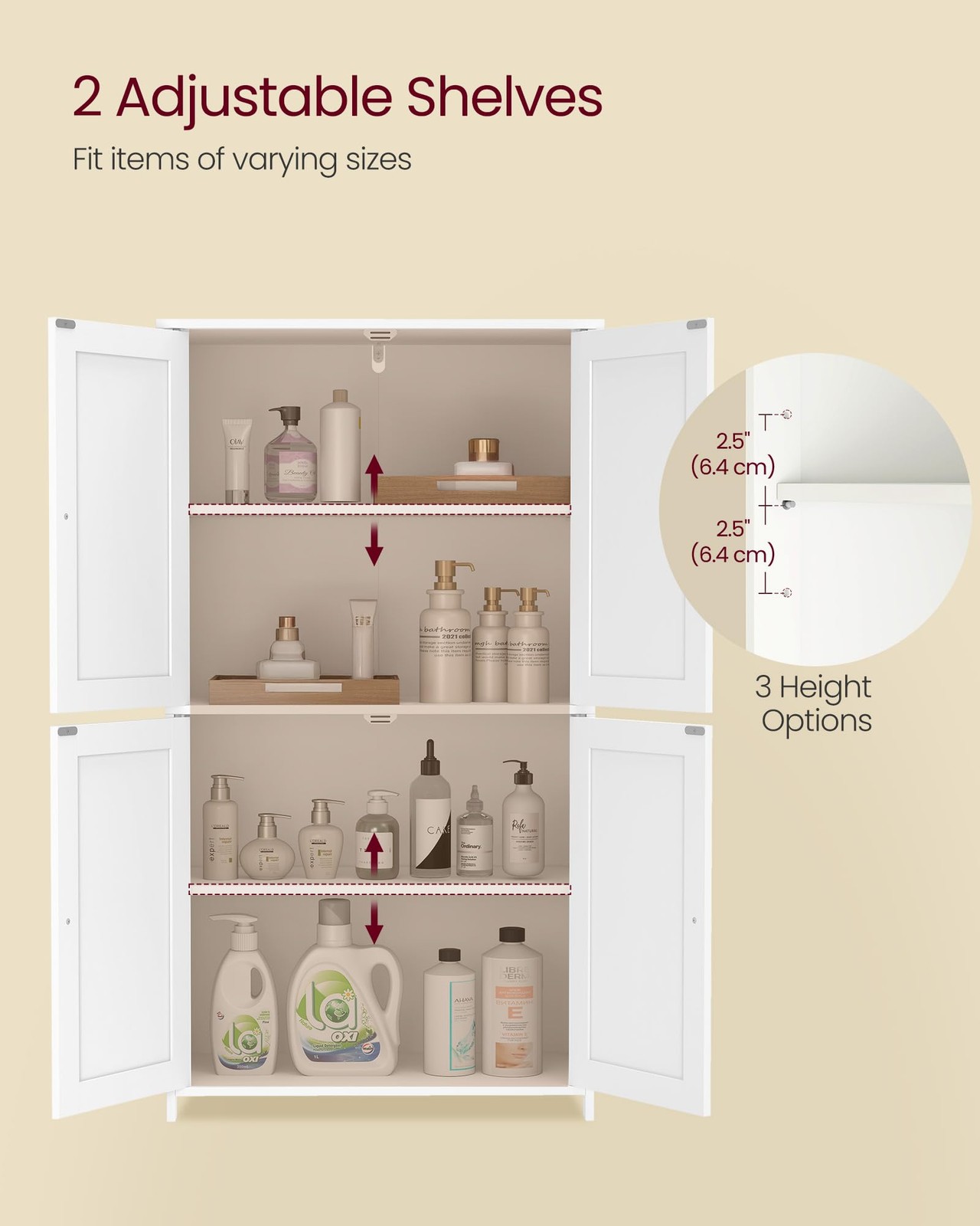 Floor Storage Cabinet, Shaker Cabinet with 2 Adjustable Shelves, 4 Doors, Tal