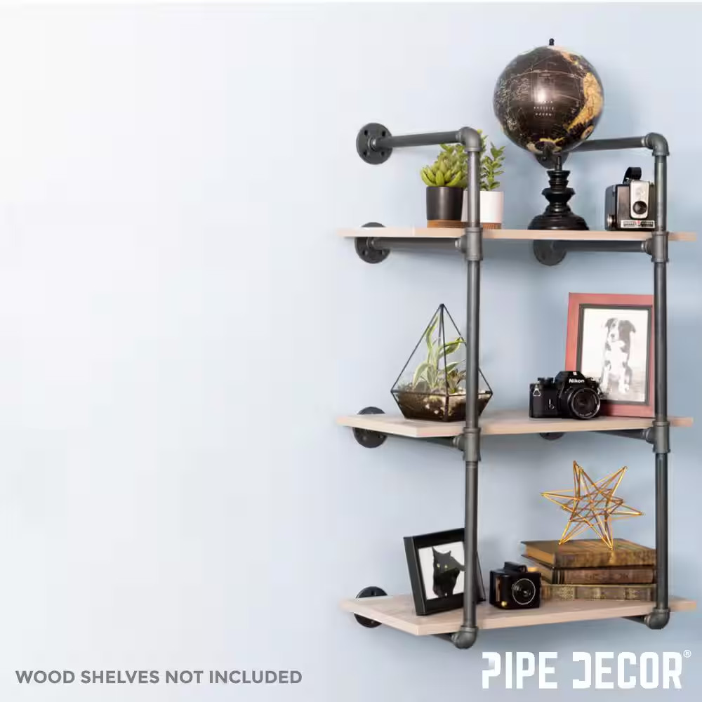 1/2 In. X 11.75 In. D X 35 In. H Black Steel Pipe Wall Mounted 3-Tier Shelf Kit