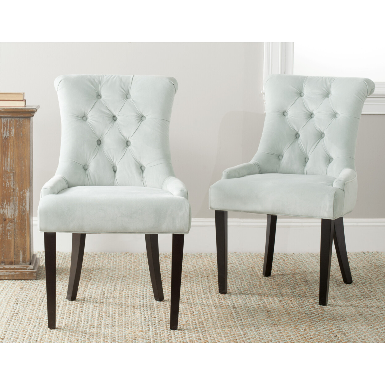 SAFAVIEH Bowie 20”H Tufted Side Chair Set of 2 | Light Blue / Espresso |