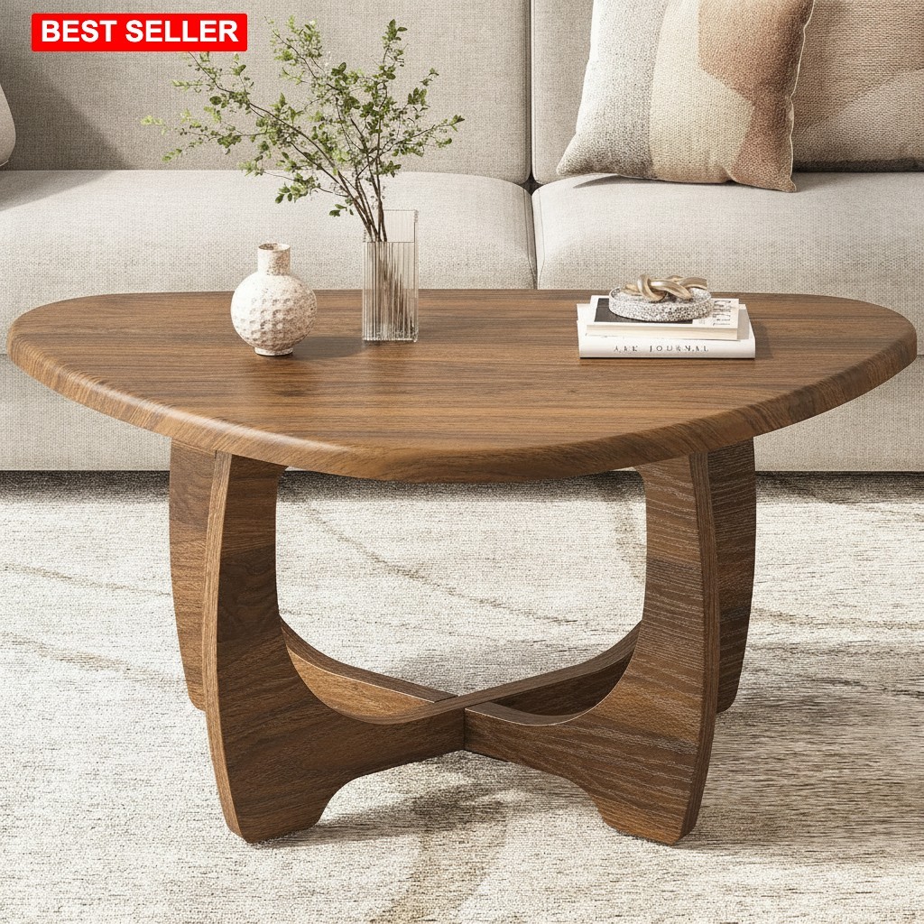 Coffee Table Solid Wood Oval Walnut Finish Modern Mid Century Decor