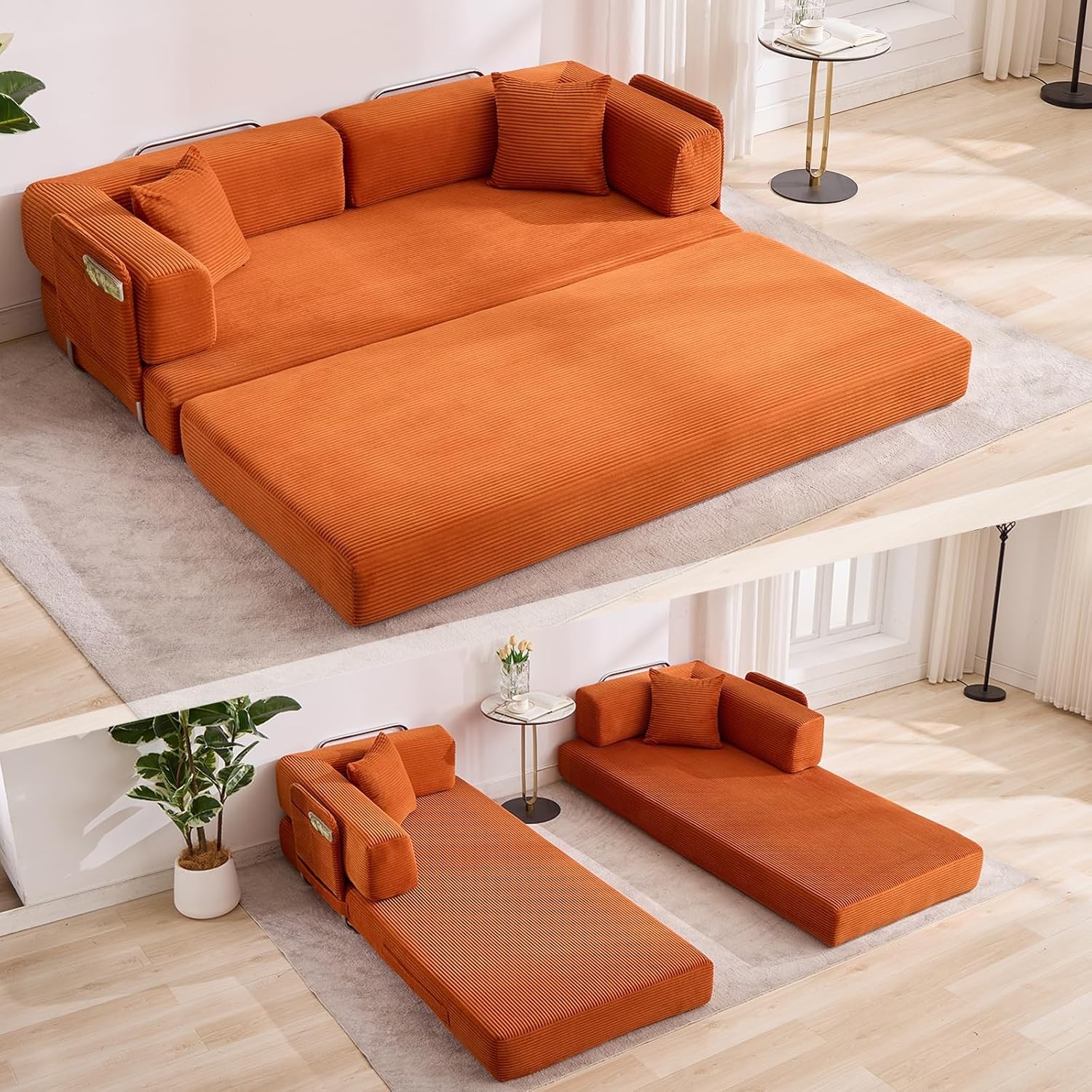 Convertible Sleeper Sofa Bed, 79″ Floor Sofa Bed, 5-in-1 Folding Mattress Couch