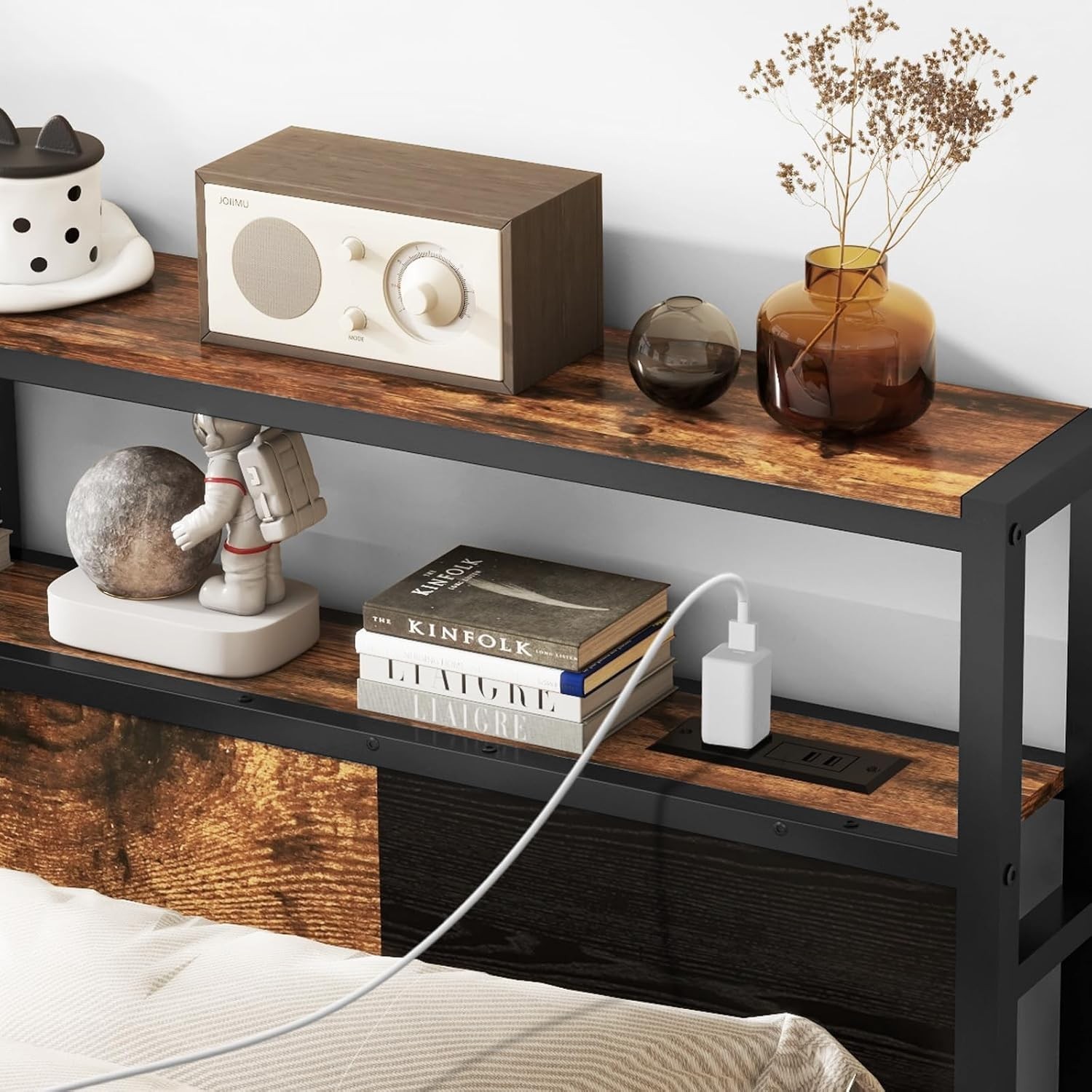 Stylish Queen Headboard with USB Charging & Ambient LED Light – 2-Tier Storage