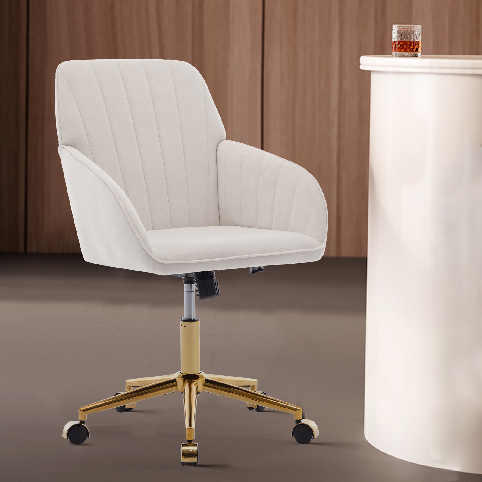 Office Chair Beige with Backrest 360-Degree Rotation Height Adjustable Metal